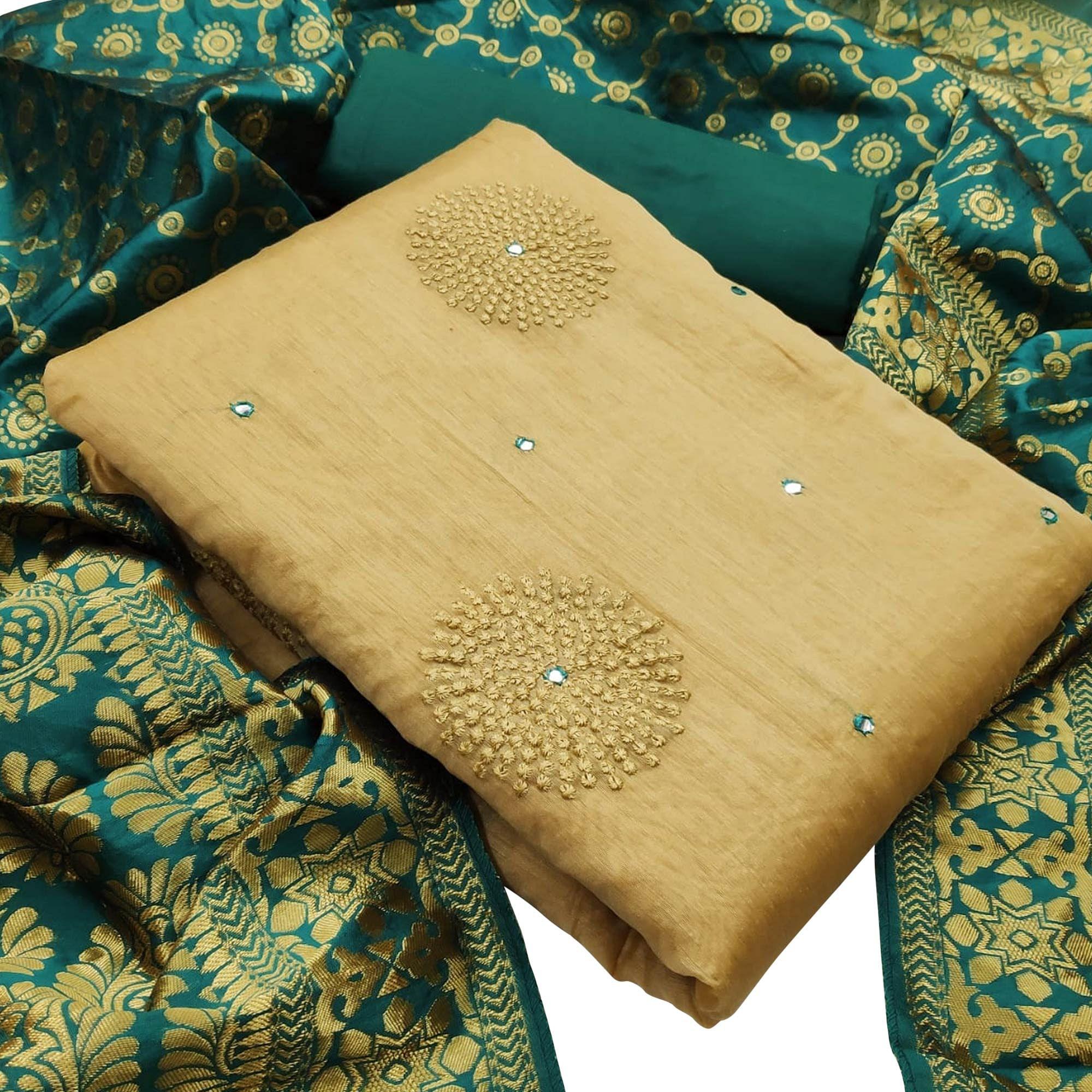 Exotic Beige - Green Colored Casual Wear Embroidered Chanderi Silk Dress Material - Peachmode