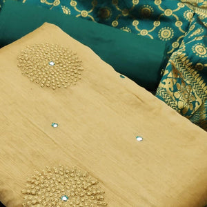 Exotic Beige - Green Colored Casual Wear Embroidered Chanderi Silk Dress Material - Peachmode
