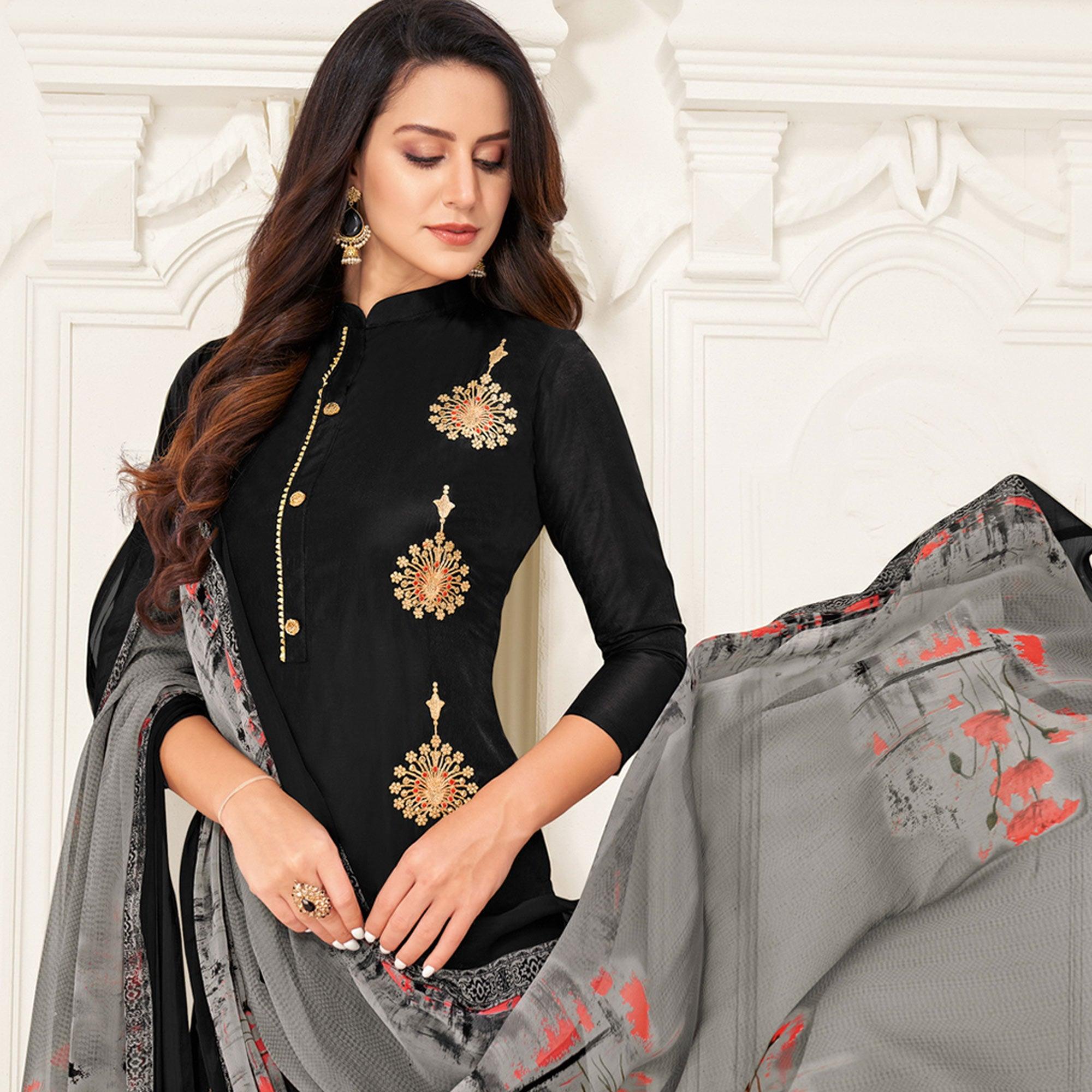 Exotic Black Colored Casual Wear Embroidered Chanderi Dress Material - Peachmode