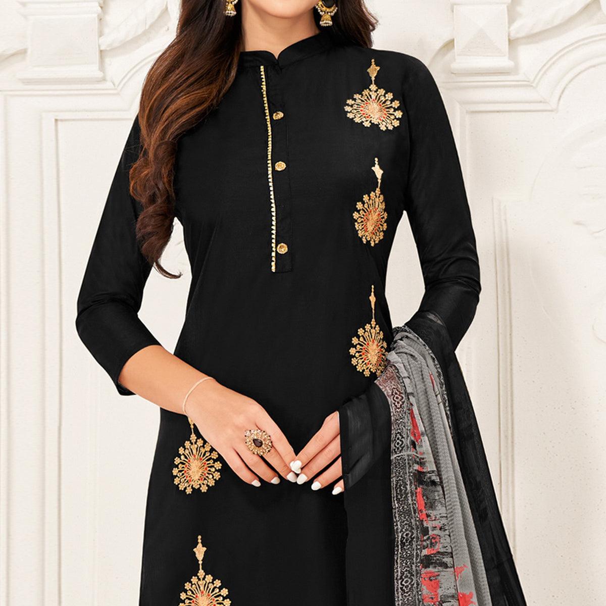 Exotic Black Colored Casual Wear Embroidered Chanderi Dress Material - Peachmode