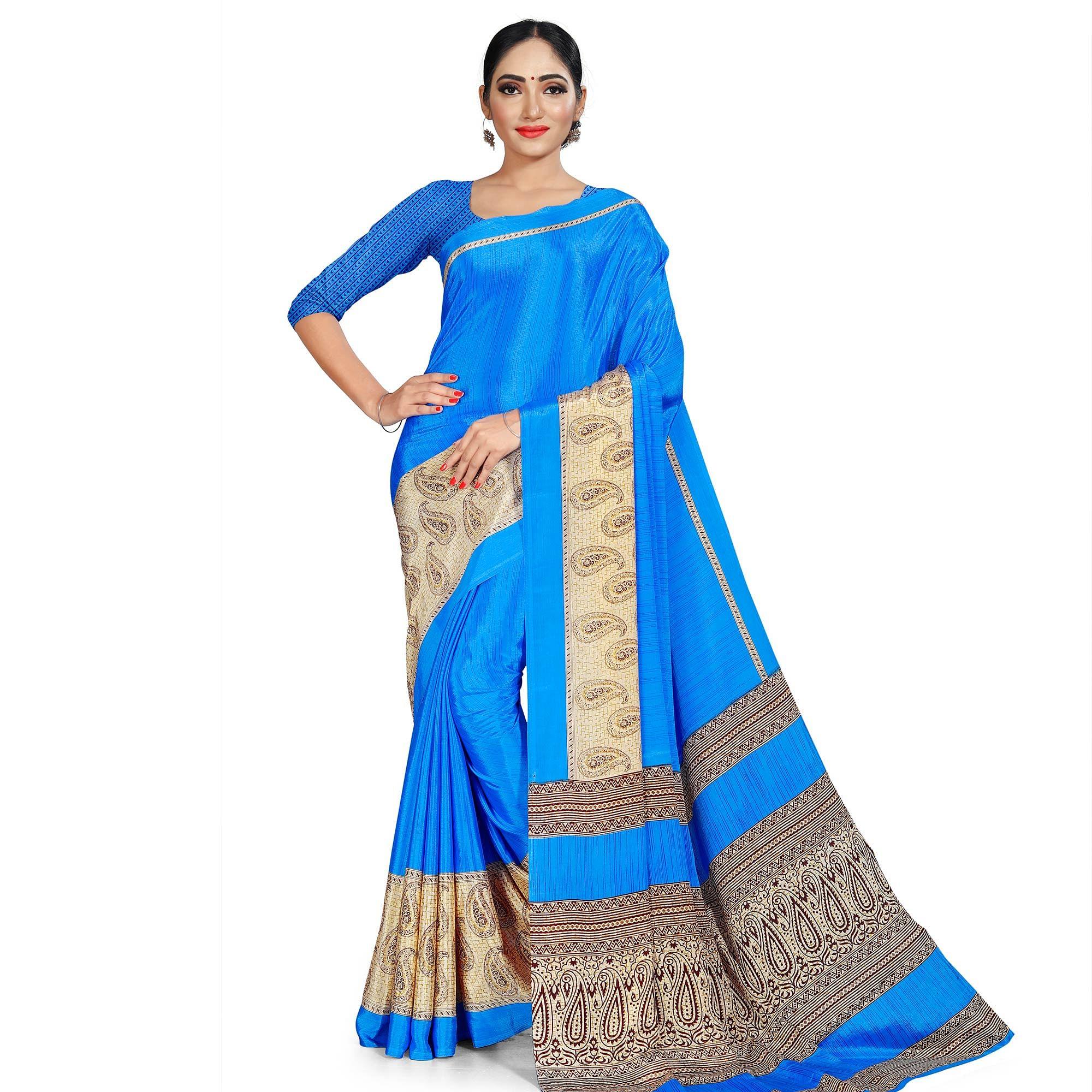 Exotic Blue Colored Casual Wear Printed Crepe Saree - Peachmode