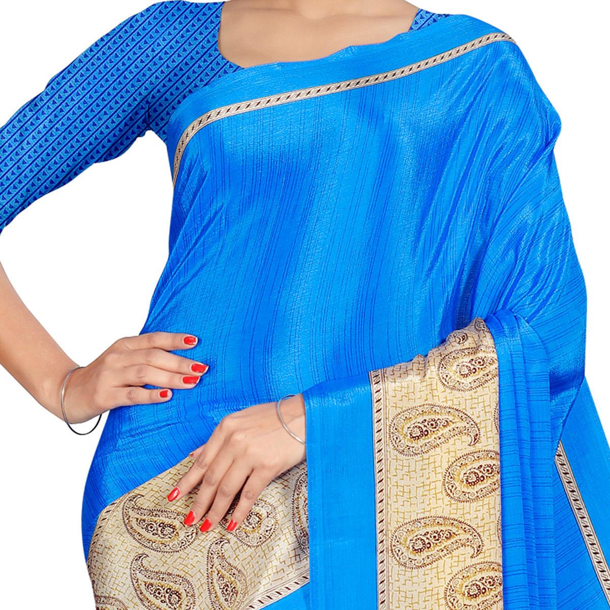Exotic Blue Colored Casual Wear Printed Crepe Saree - Peachmode