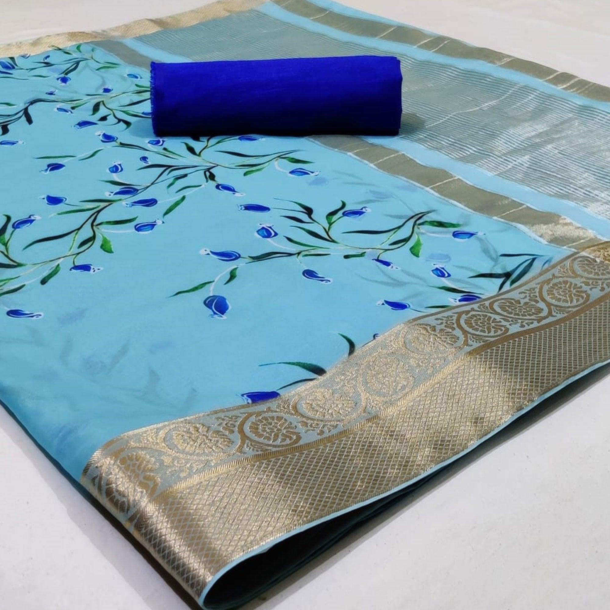 Exotic Blue Colored Festive Wear Beautiful Floral Printed Organza Jacquard Silk Saree - Peachmode