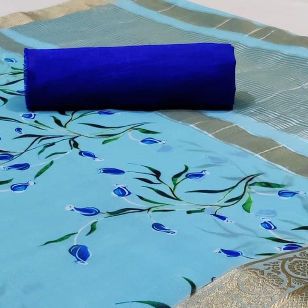 Exotic Blue Colored Festive Wear Beautiful Floral Printed Organza Jacquard Silk Saree - Peachmode