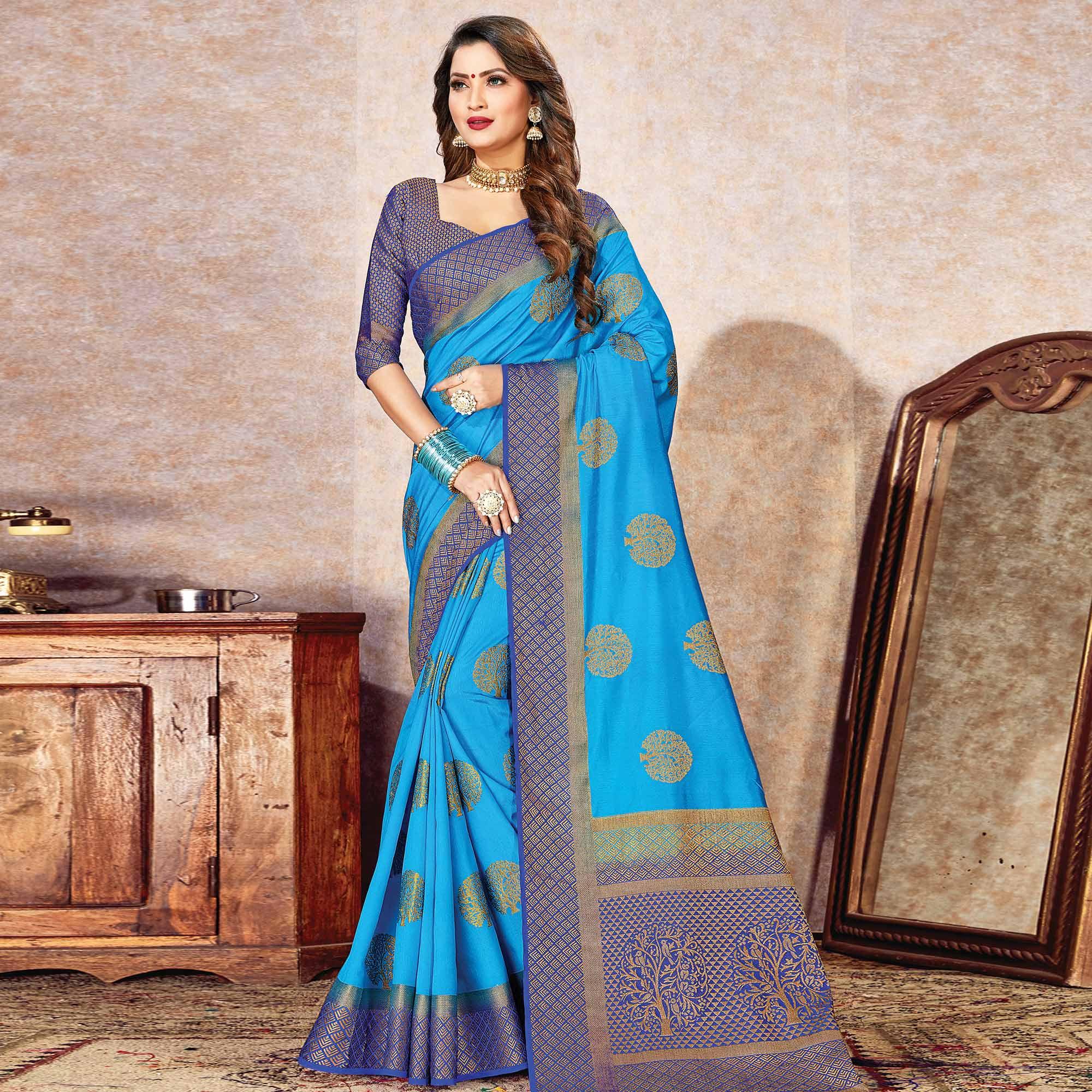 Exotic Blue Colored Festive Wear Woven Cotton Silk Saree - Peachmode
