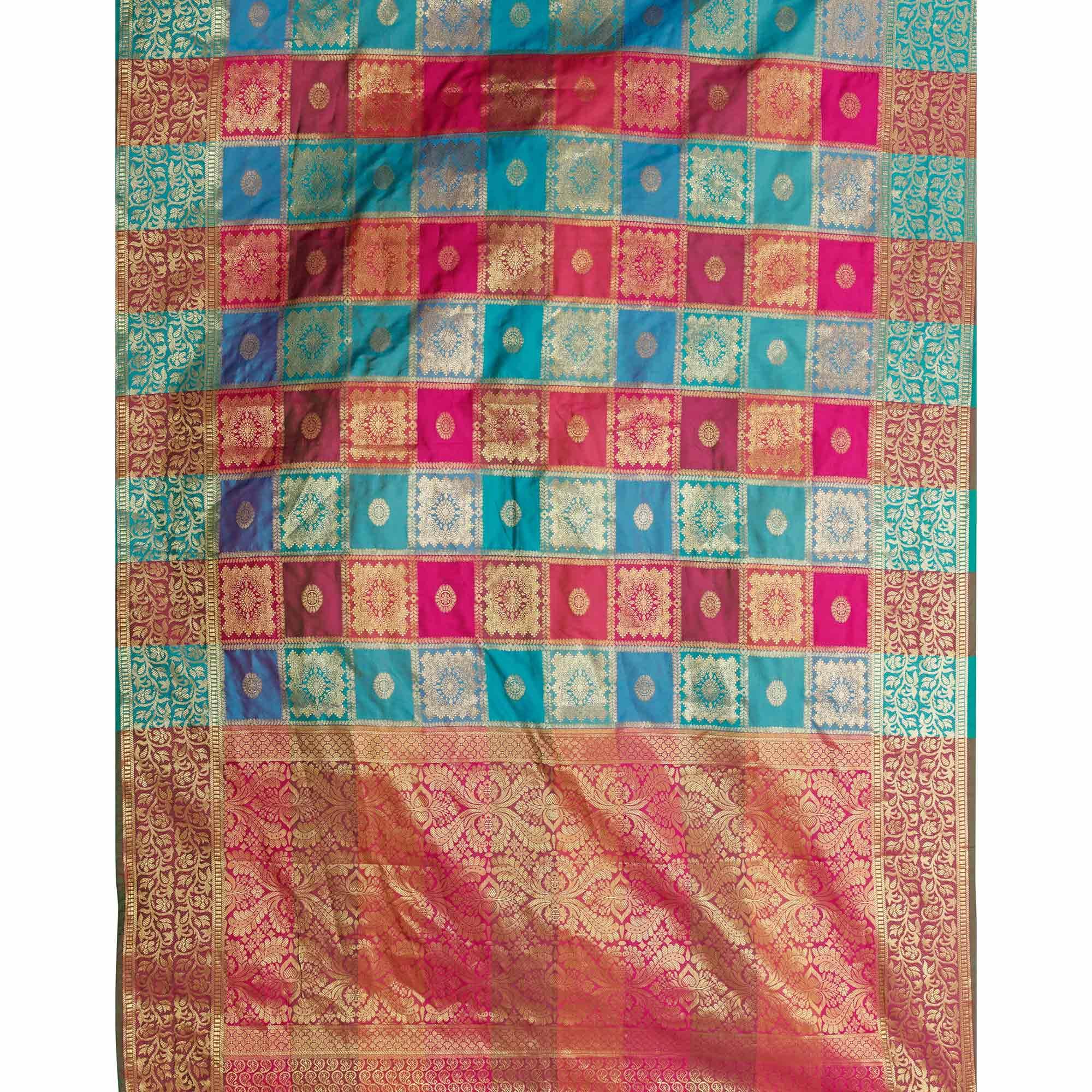 Exotic Blue-Multi Colored Festive Wear Woven Work Art Silk Saree - Peachmode