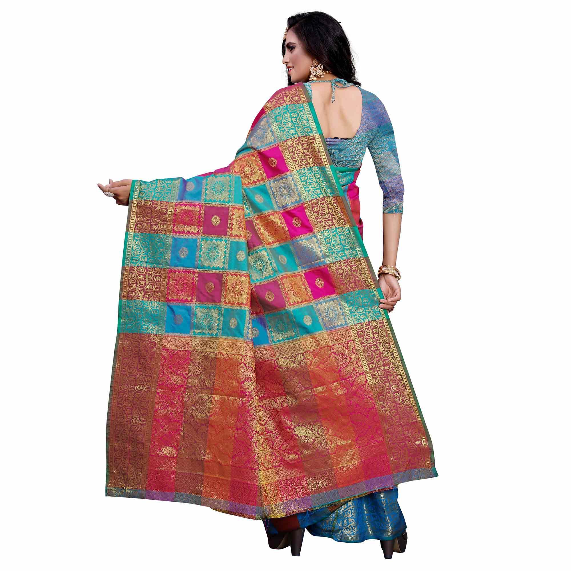 Exotic Blue-Multi Colored Festive Wear Woven Work Art Silk Saree - Peachmode