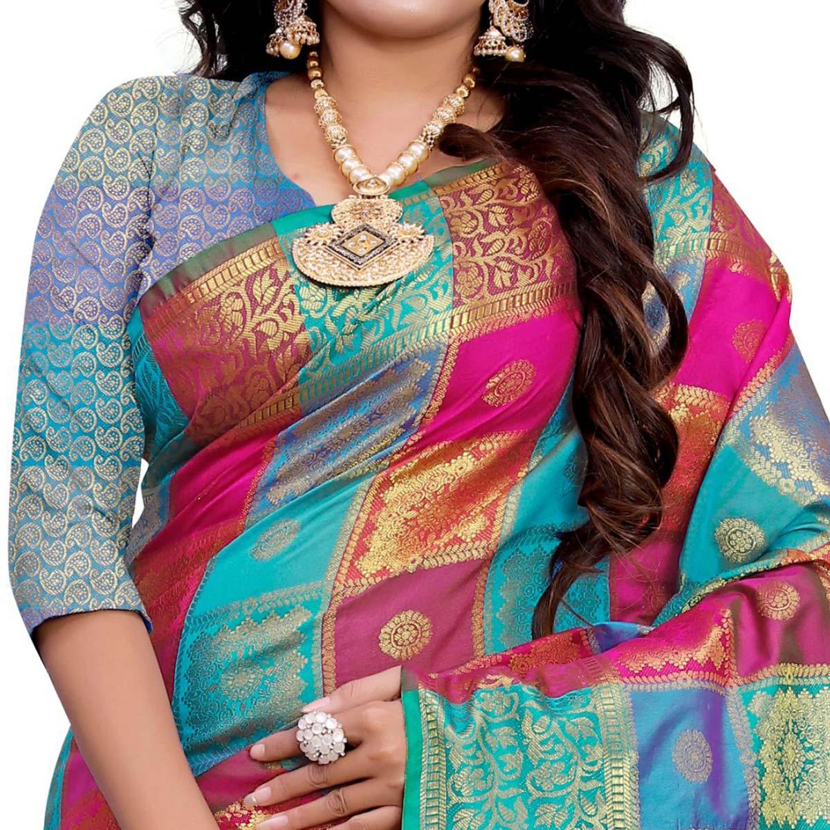 Exotic Blue-Multi Colored Festive Wear Woven Work Art Silk Saree - Peachmode