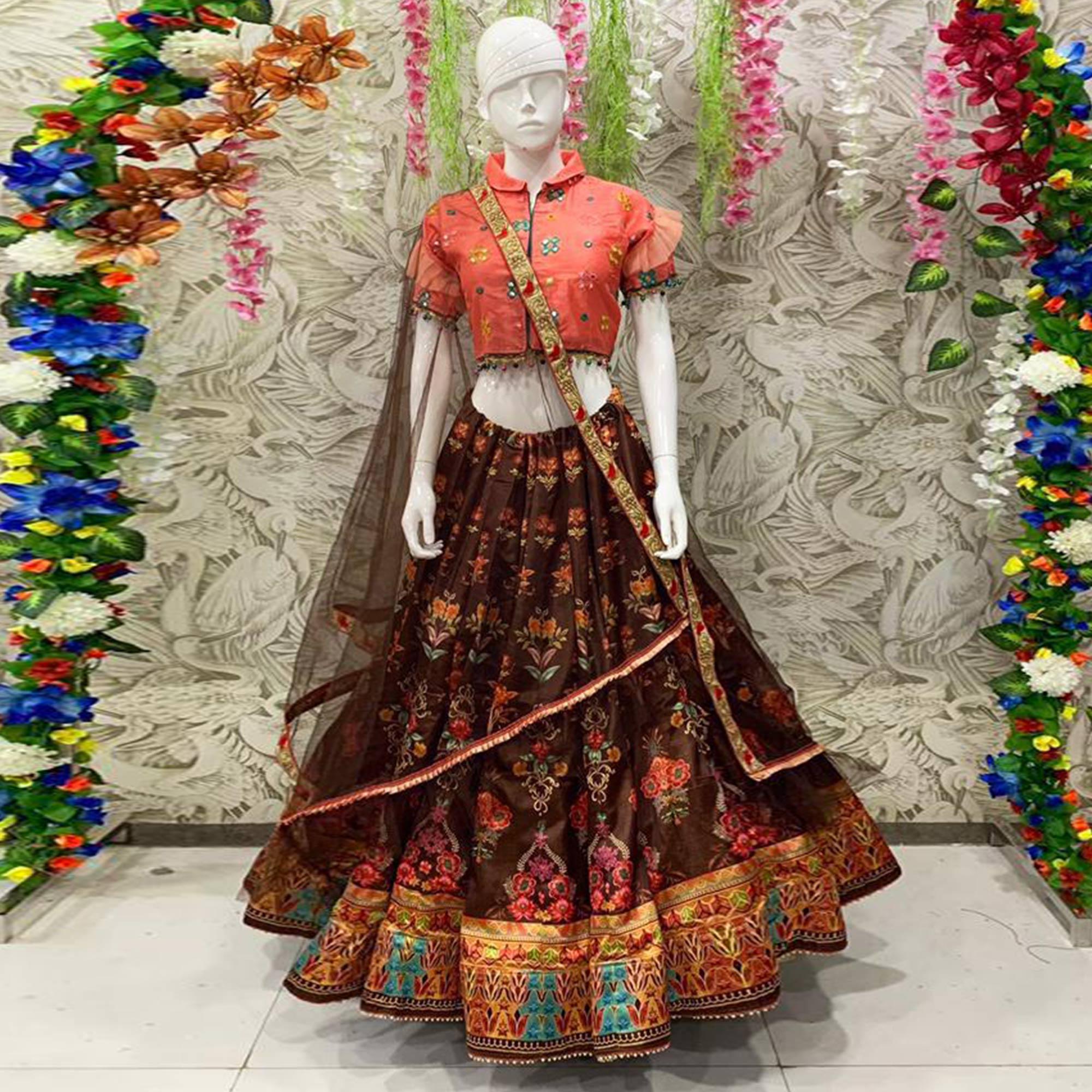 Exotic Brown Coloured Partywear Embroidered Dual Satin Lehenga Choli - Peachmode