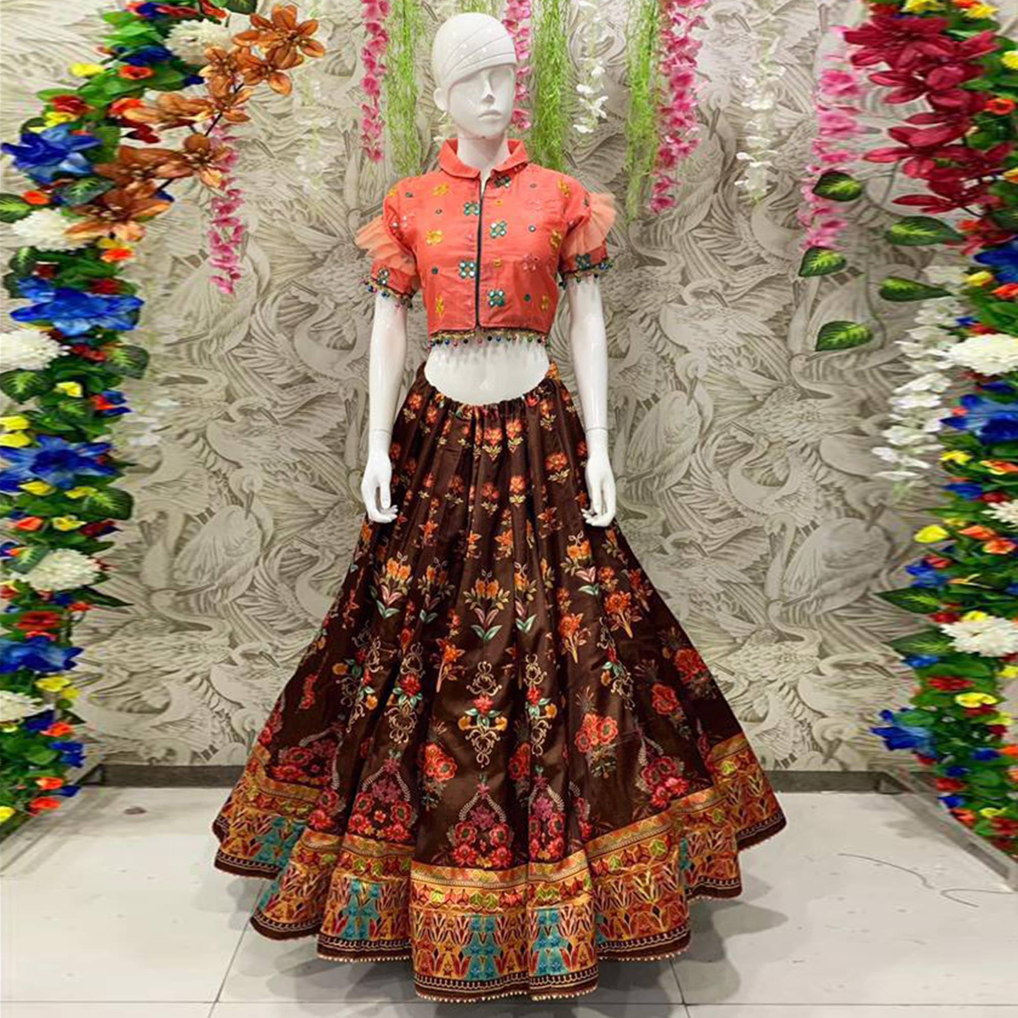 Exotic Brown Coloured Partywear Embroidered Dual Satin Lehenga Choli - Peachmode