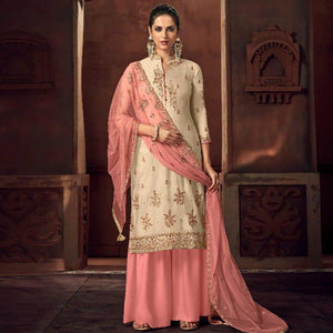 Exotic Cream Colored Party Wear Embroidered Tussar Silk Palazzo Suit - Peachmode
