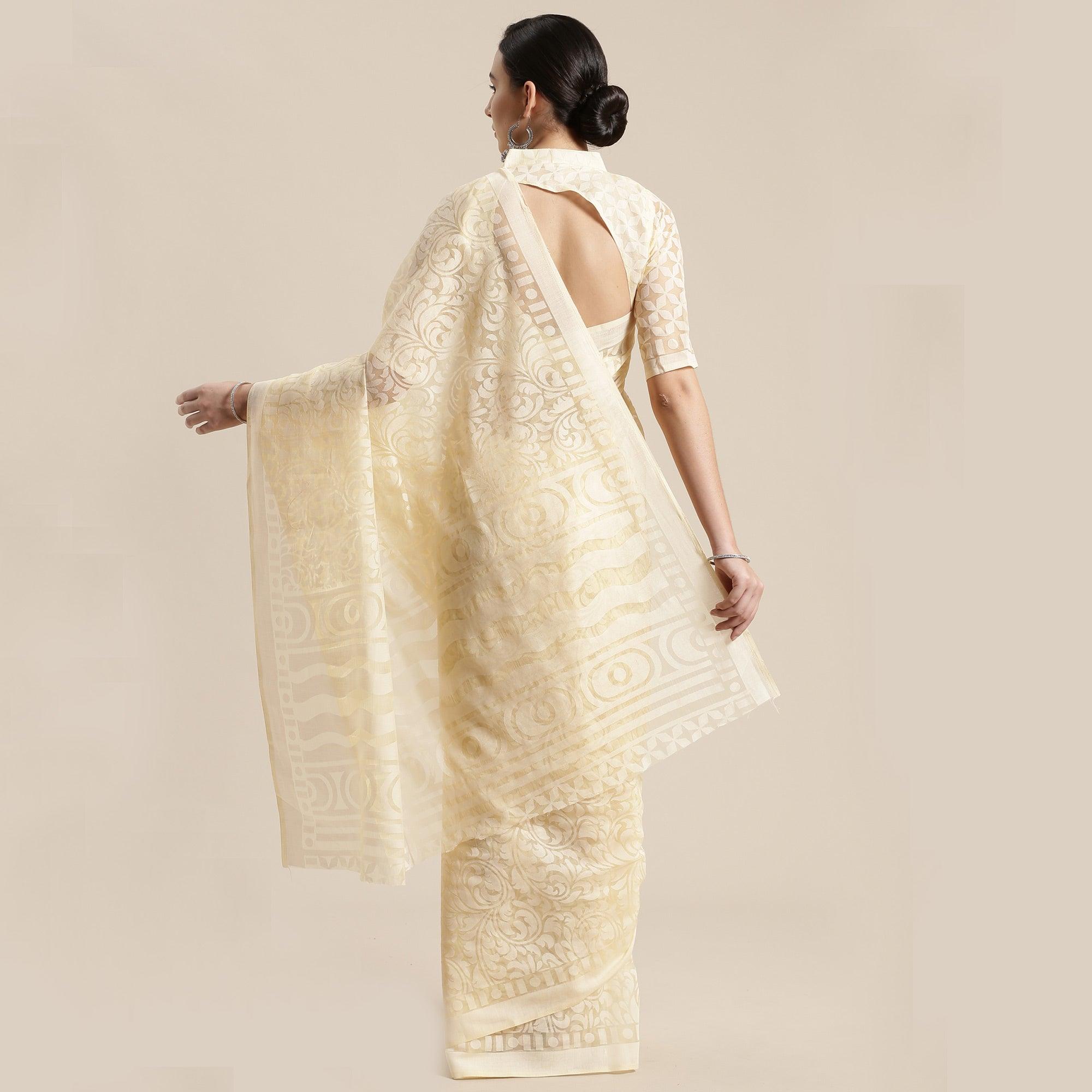 Exotic Cream Colored Party Wear Geometric Brasso Saree - Peachmode