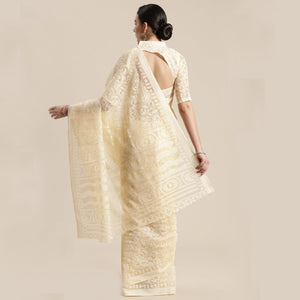 Exotic Cream Colored Party Wear Geometric Brasso Saree - Peachmode