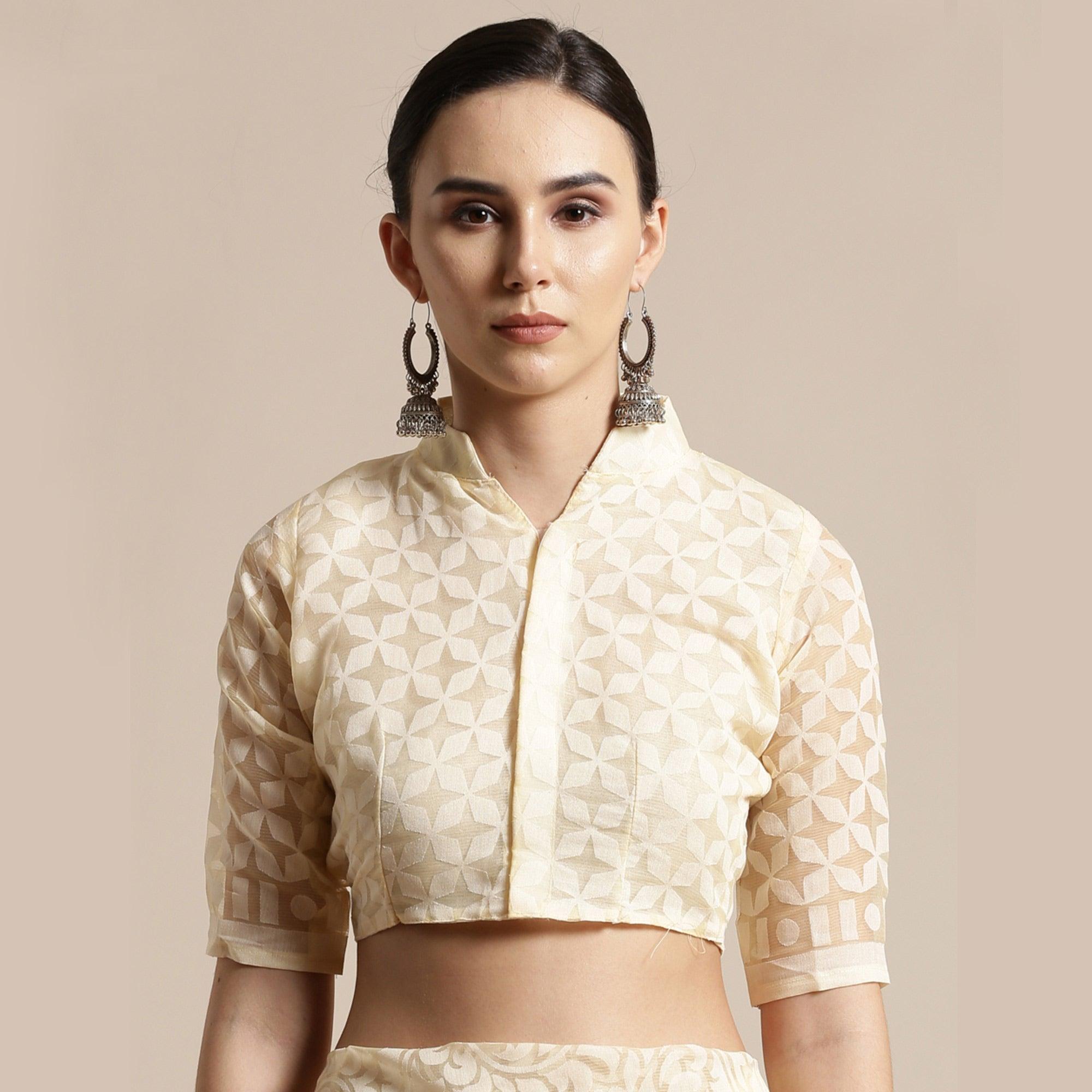 Exotic Cream Colored Party Wear Geometric Brasso Saree - Peachmode