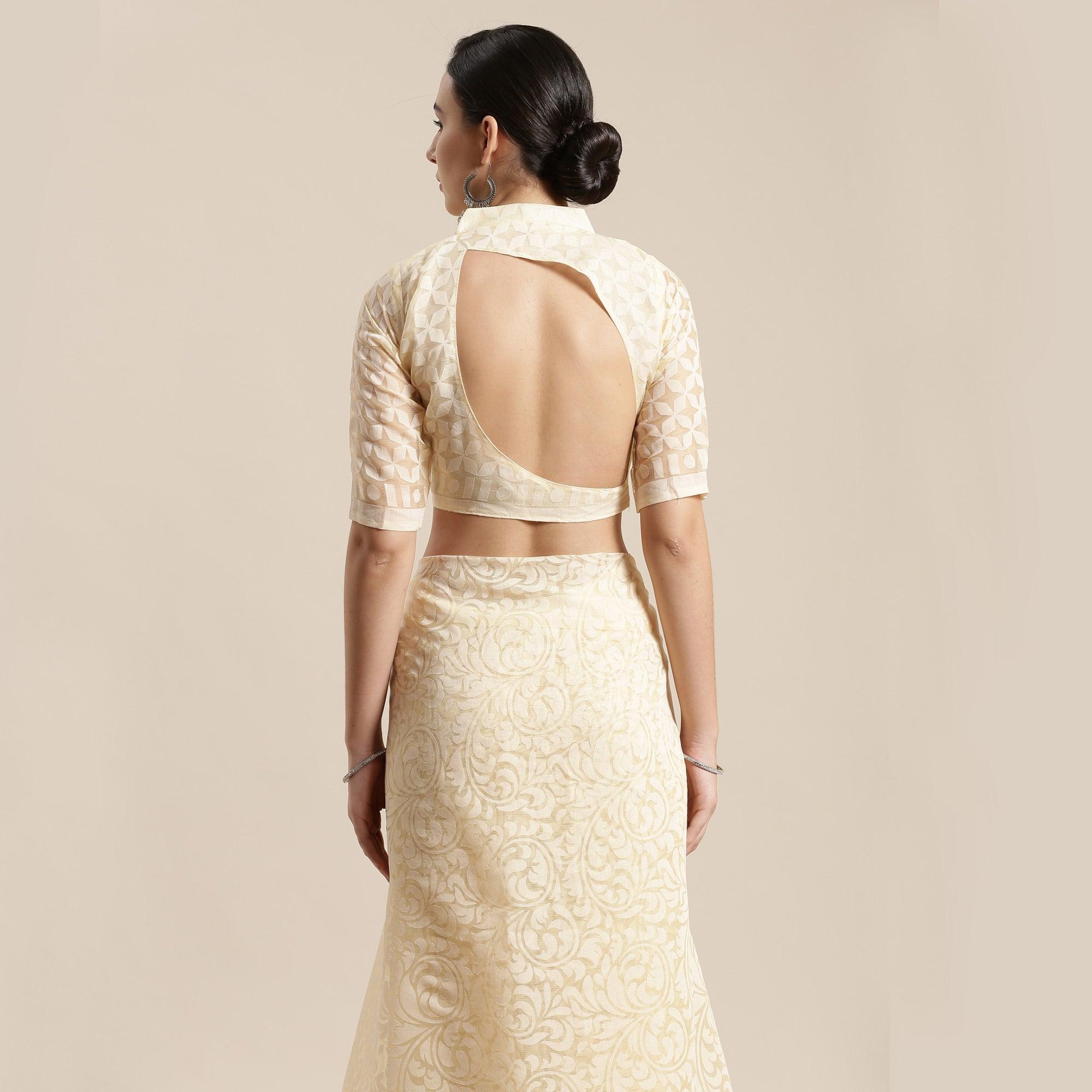 Exotic Cream Colored Party Wear Geometric Brasso Saree - Peachmode