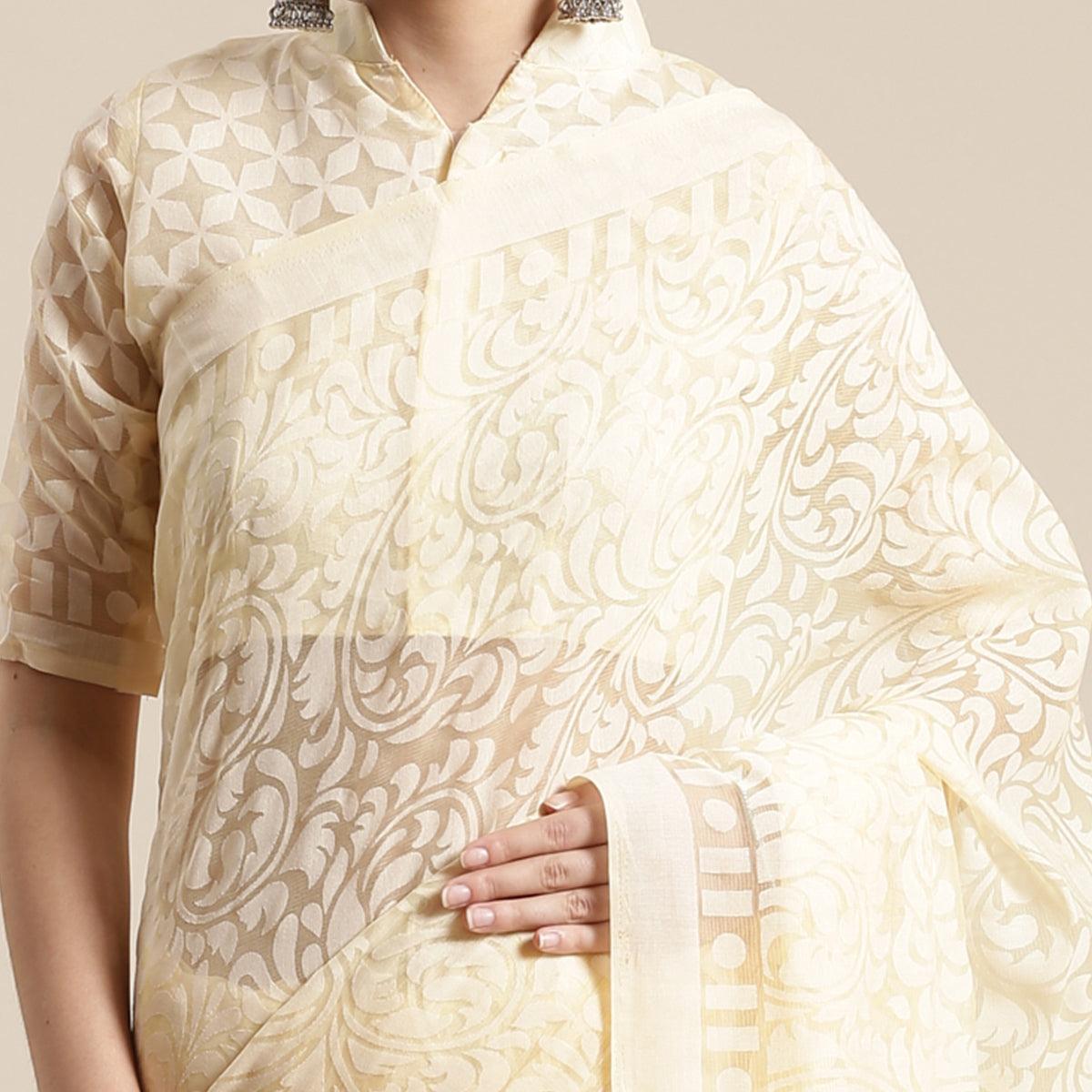 Exotic Cream Colored Party Wear Geometric Brasso Saree - Peachmode