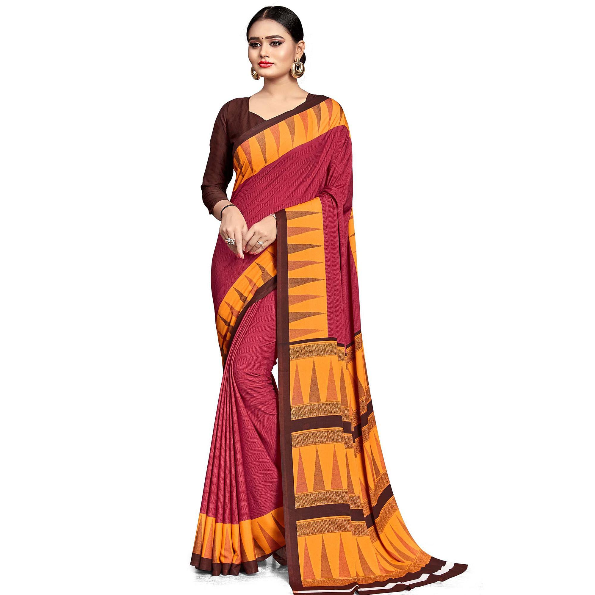 Exotic Dark Pink Colored Casual Wear Printed Crepe Saree - Peachmode