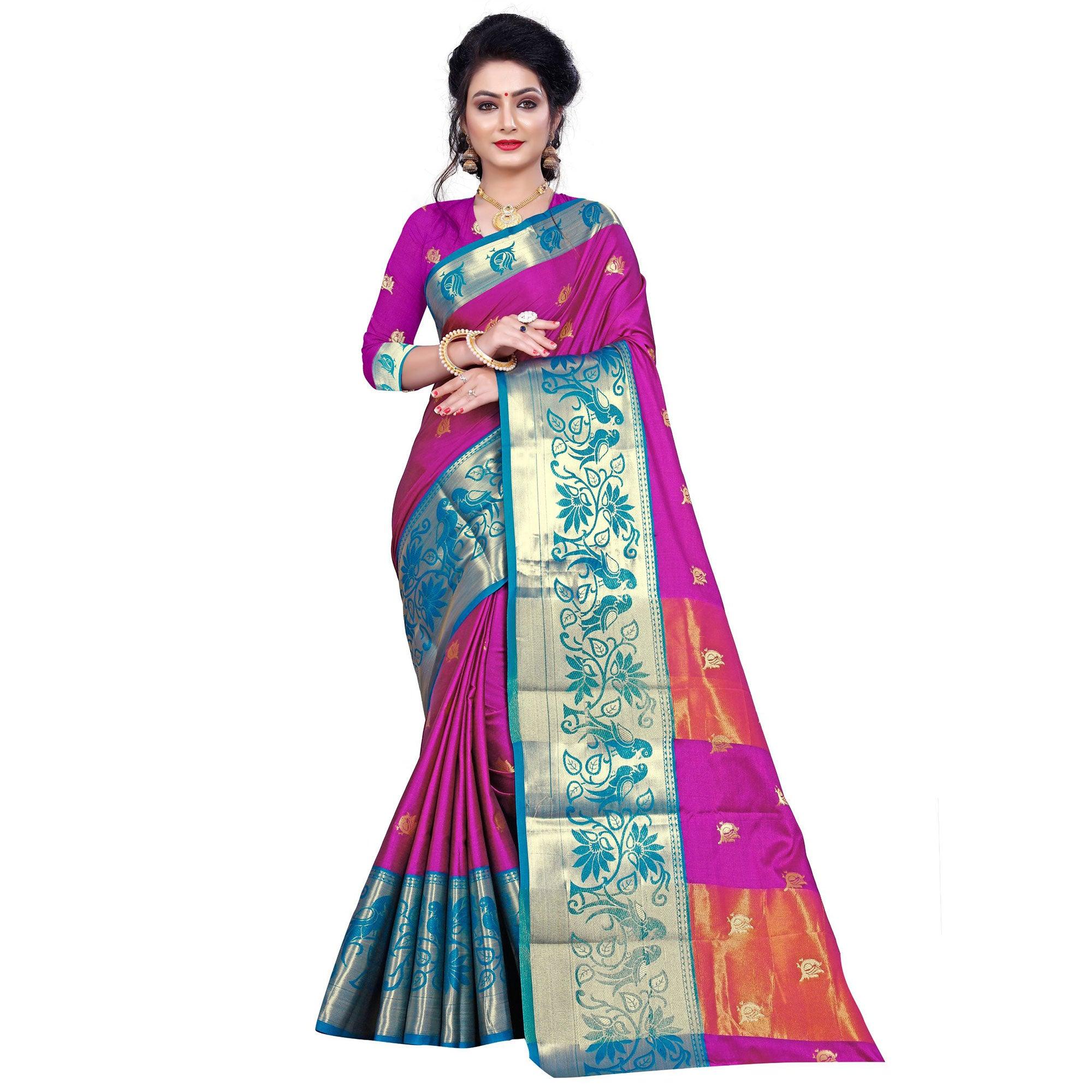 Exotic Dark Pink Colored Festive Wear Woven Cotton Silk Saree - Peachmode