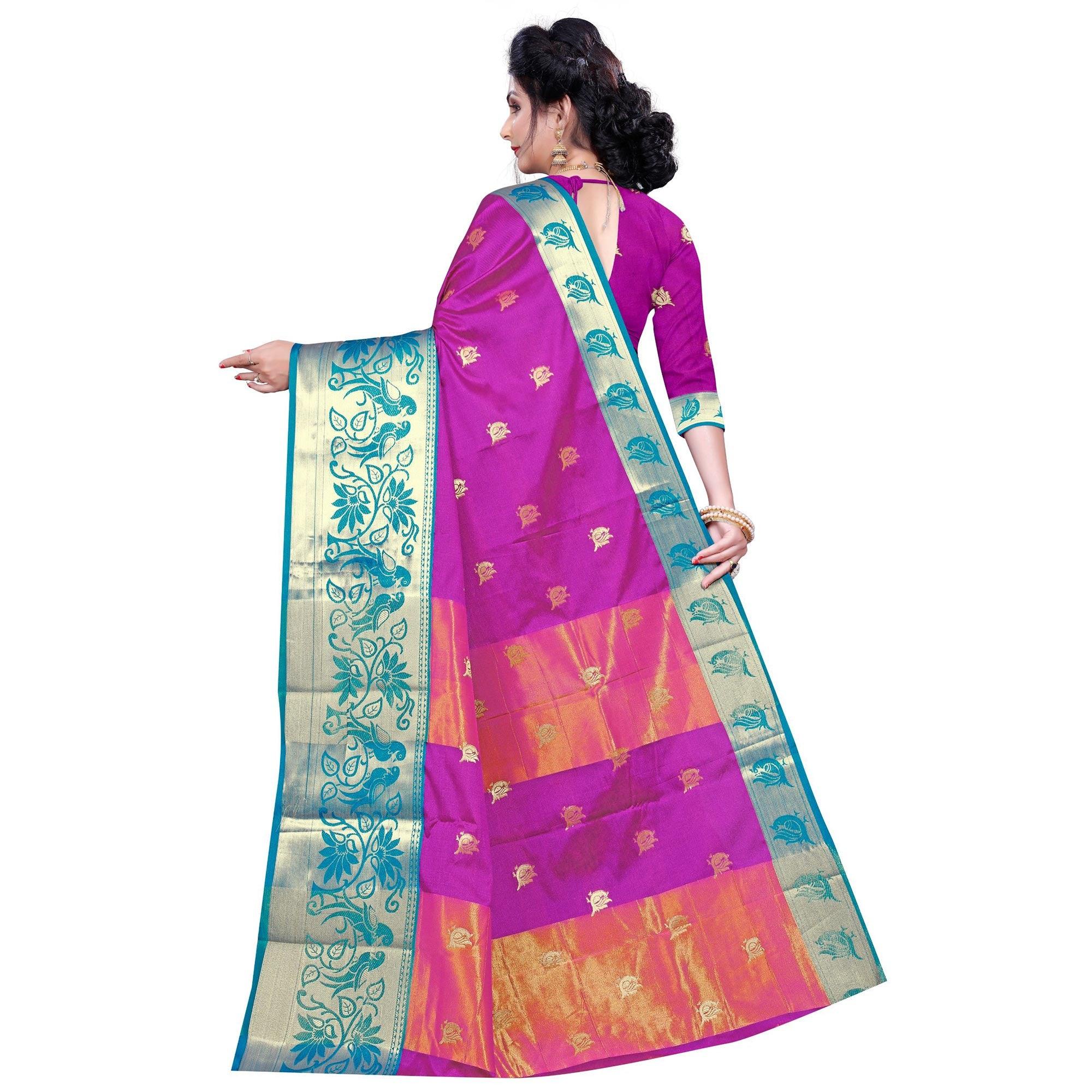 Exotic Dark Pink Colored Festive Wear Woven Cotton Silk Saree - Peachmode