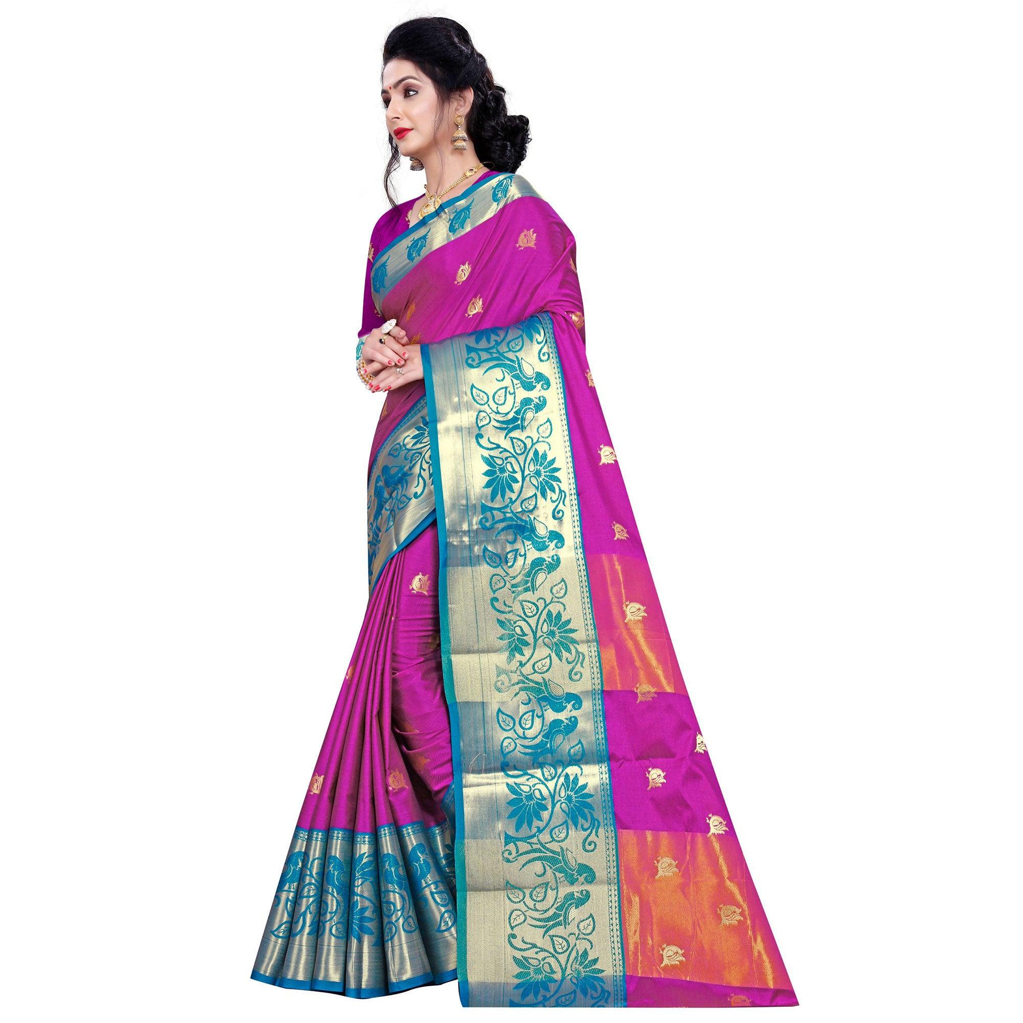 Exotic Dark Pink Colored Festive Wear Woven Cotton Silk Saree - Peachmode