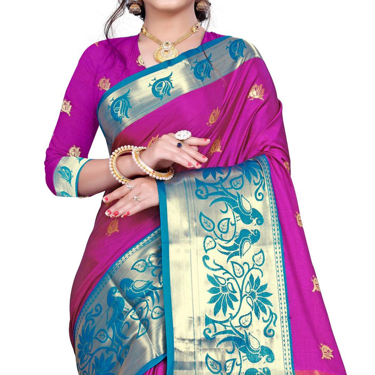 Exotic Dark Pink Colored Festive Wear Woven Cotton Silk Saree - Peachmode