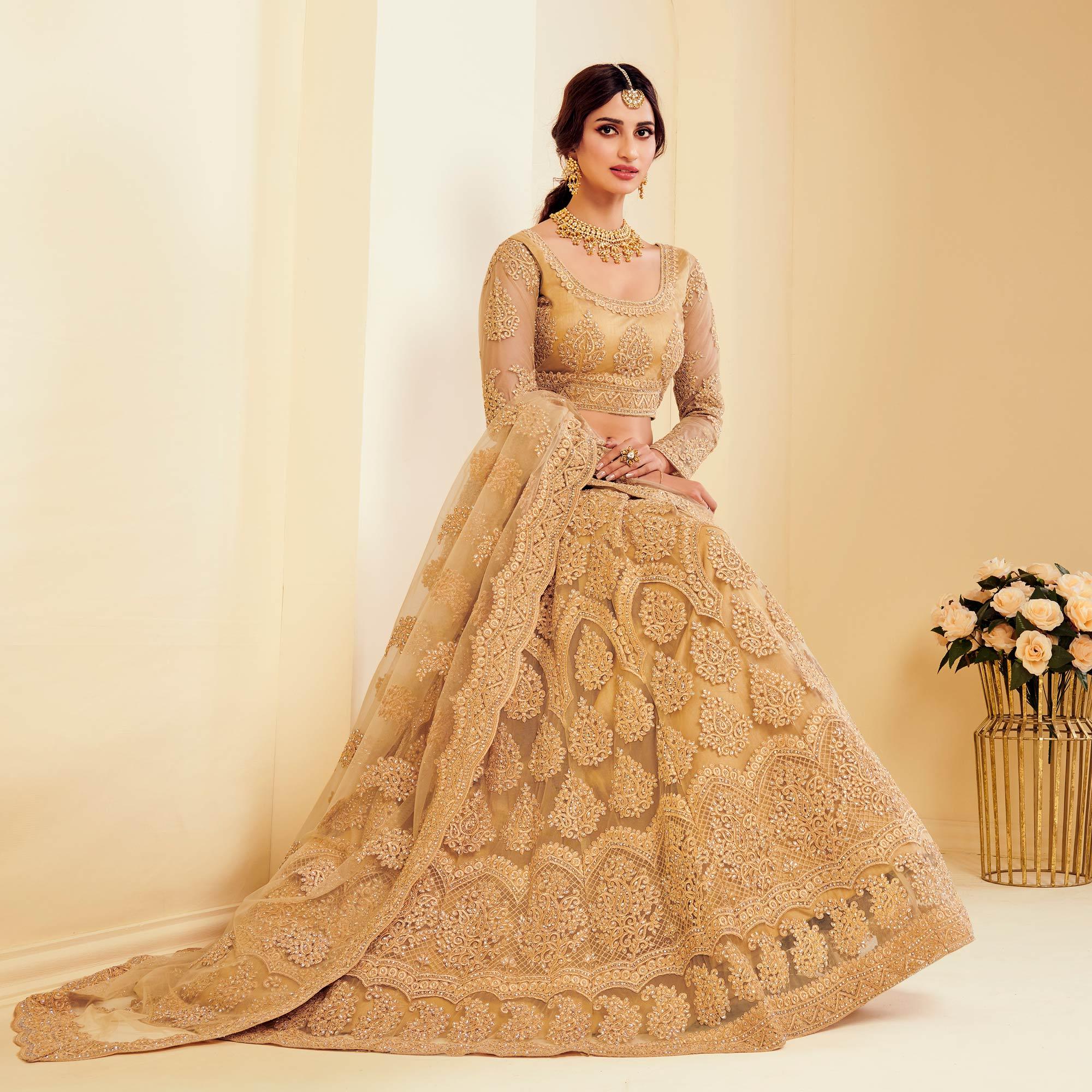 Exotic Golden Coloured Wedding Wear Cording Embroidered Net Lehenga Choli - Peachmode