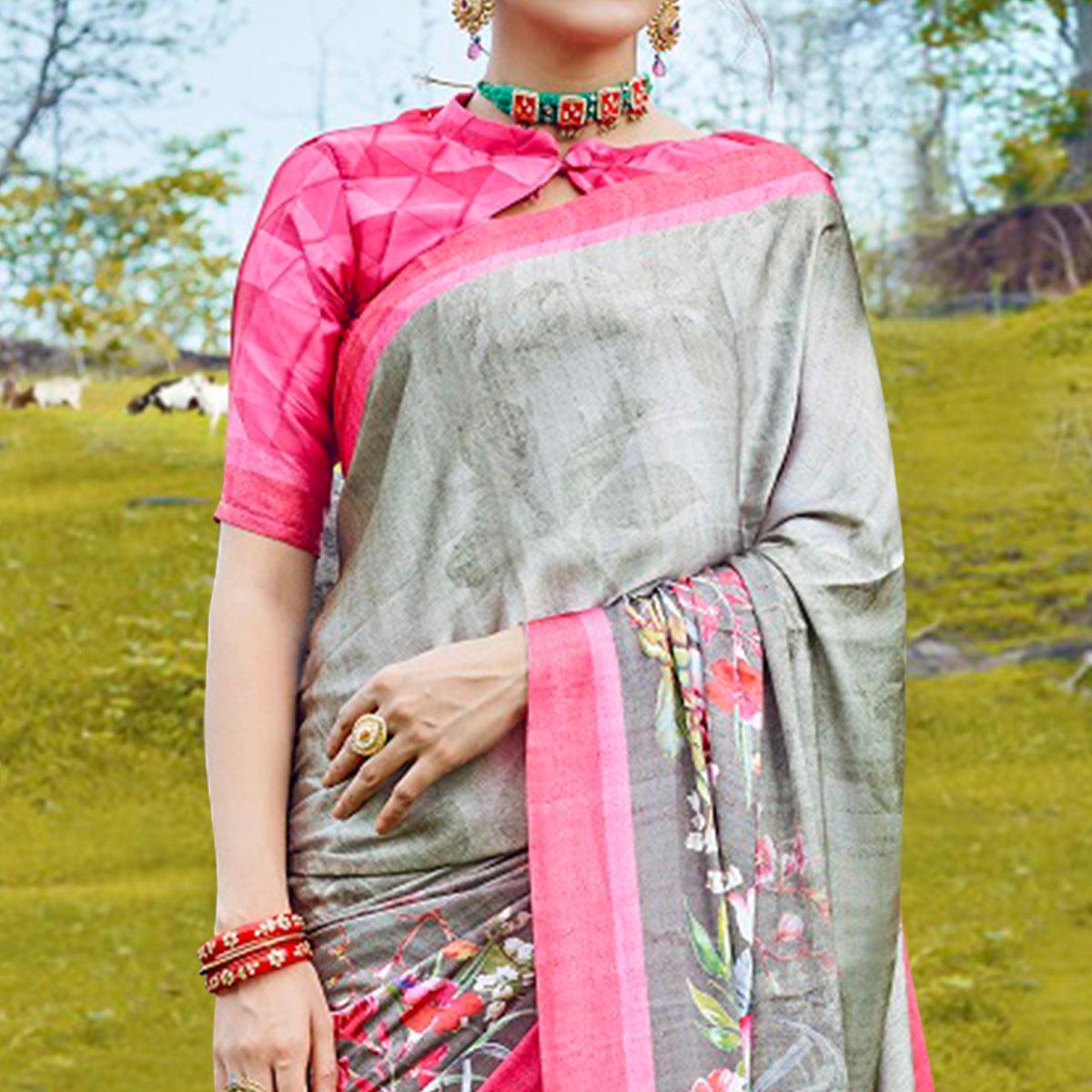 Exotic Gray Colored Casual Digital Printed Satin Crepe Saree - Peachmode