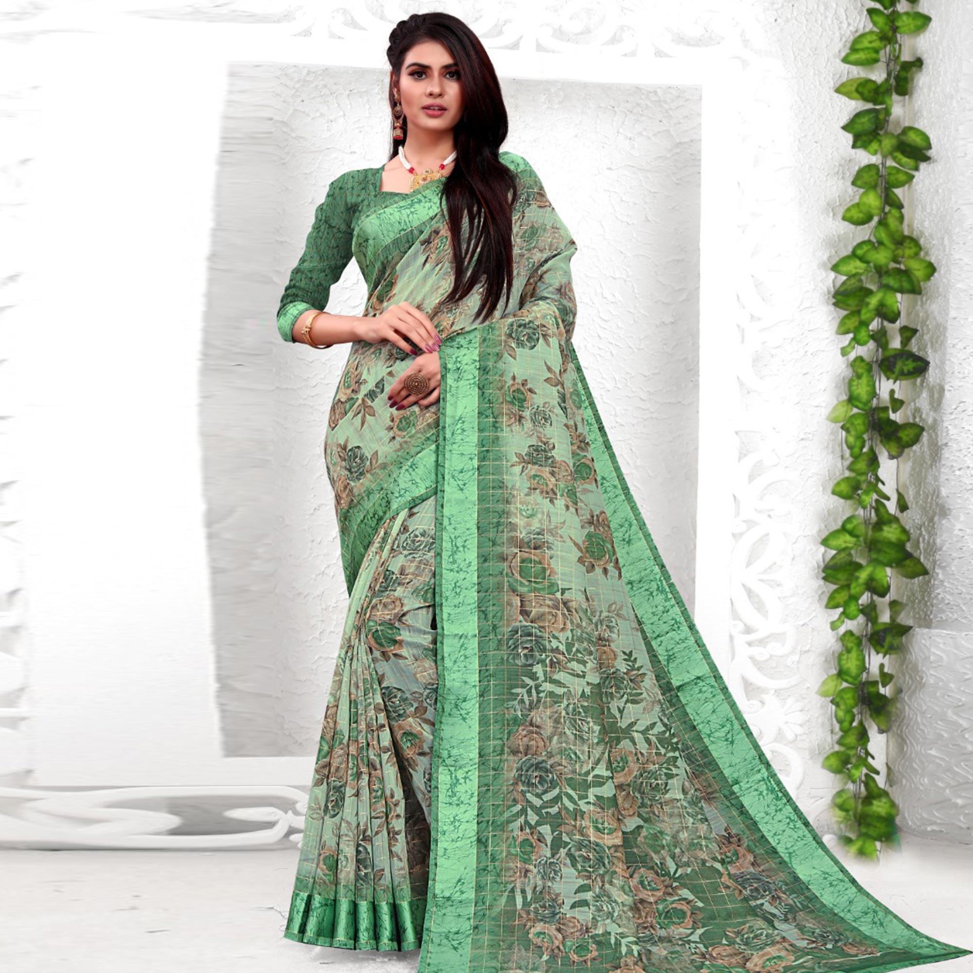 Exotic Green Colored Casual Wear Printed Cotton Saree - Peachmode