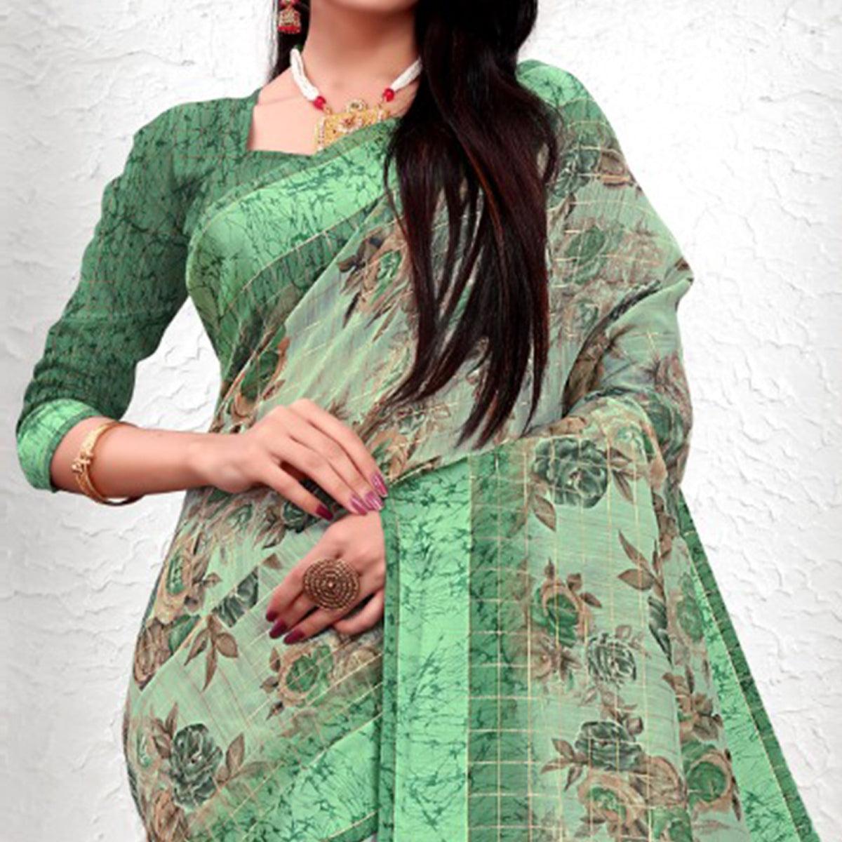 Exotic Green Colored Casual Wear Printed Cotton Saree - Peachmode