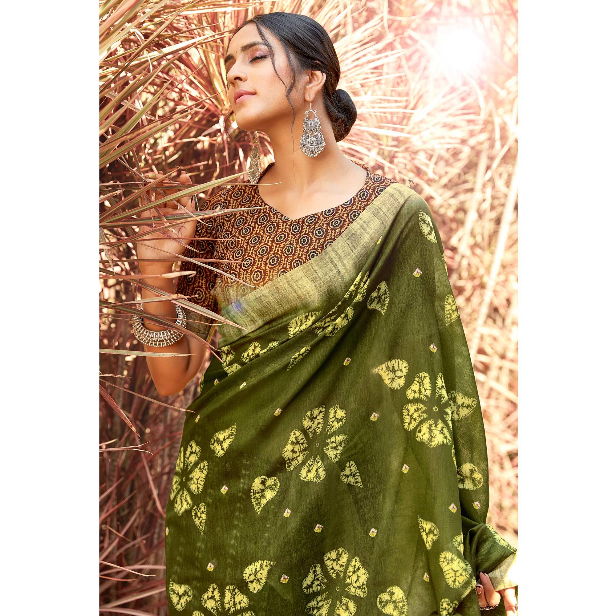 Exotic Green Colored Digital Printed Festive Wear Linen Designer Saree - Peachmode