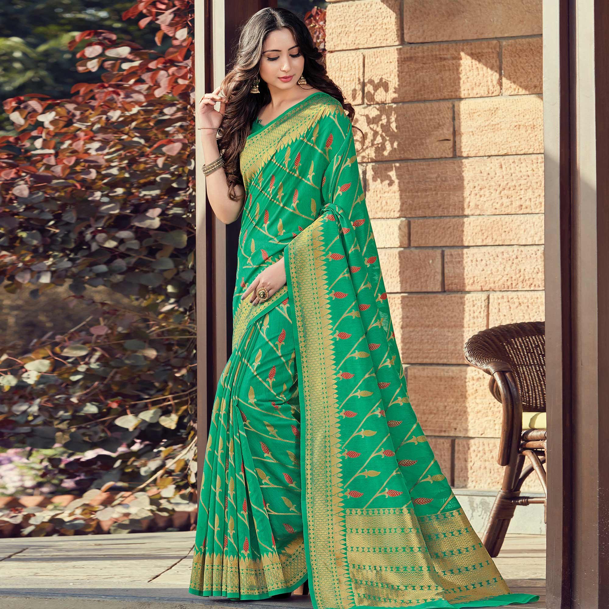 Exotic Green Colored Festive Wear Woven Cotton Handloom Saree - Peachmode
