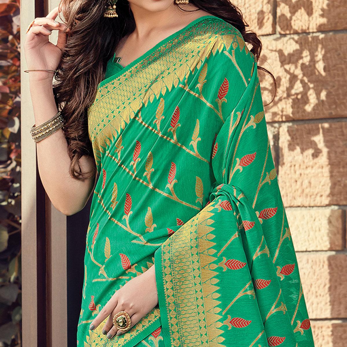 Exotic Green Colored Festive Wear Woven Cotton Handloom Saree - Peachmode