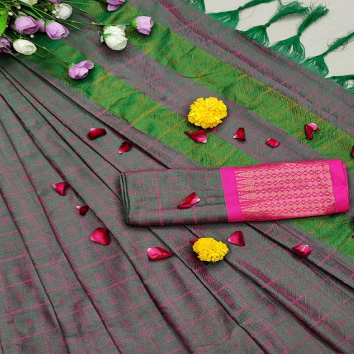 Exotic Green Colored Festive Wear Woven Cotton Silk Saree - Peachmode