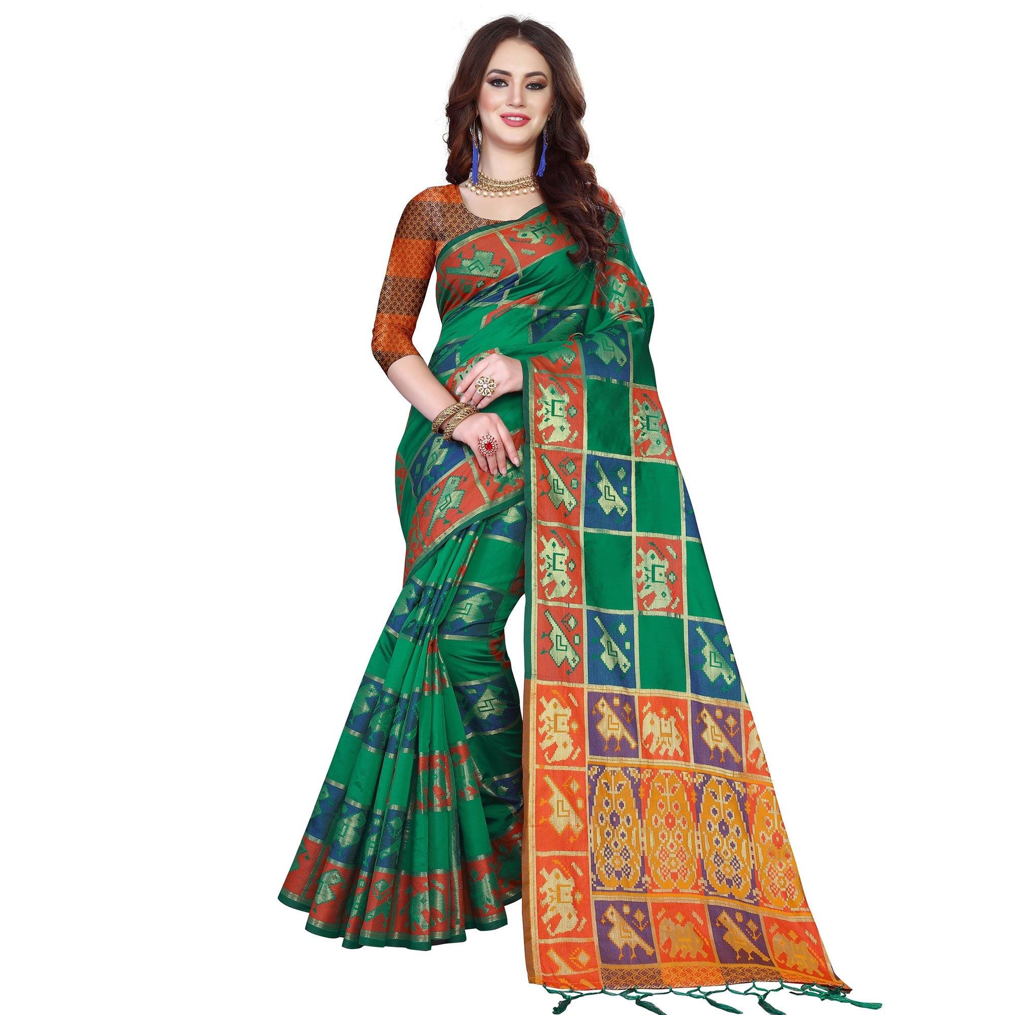 Exotic Green Colored Festive Wear Woven Silk Saree - Peachmode