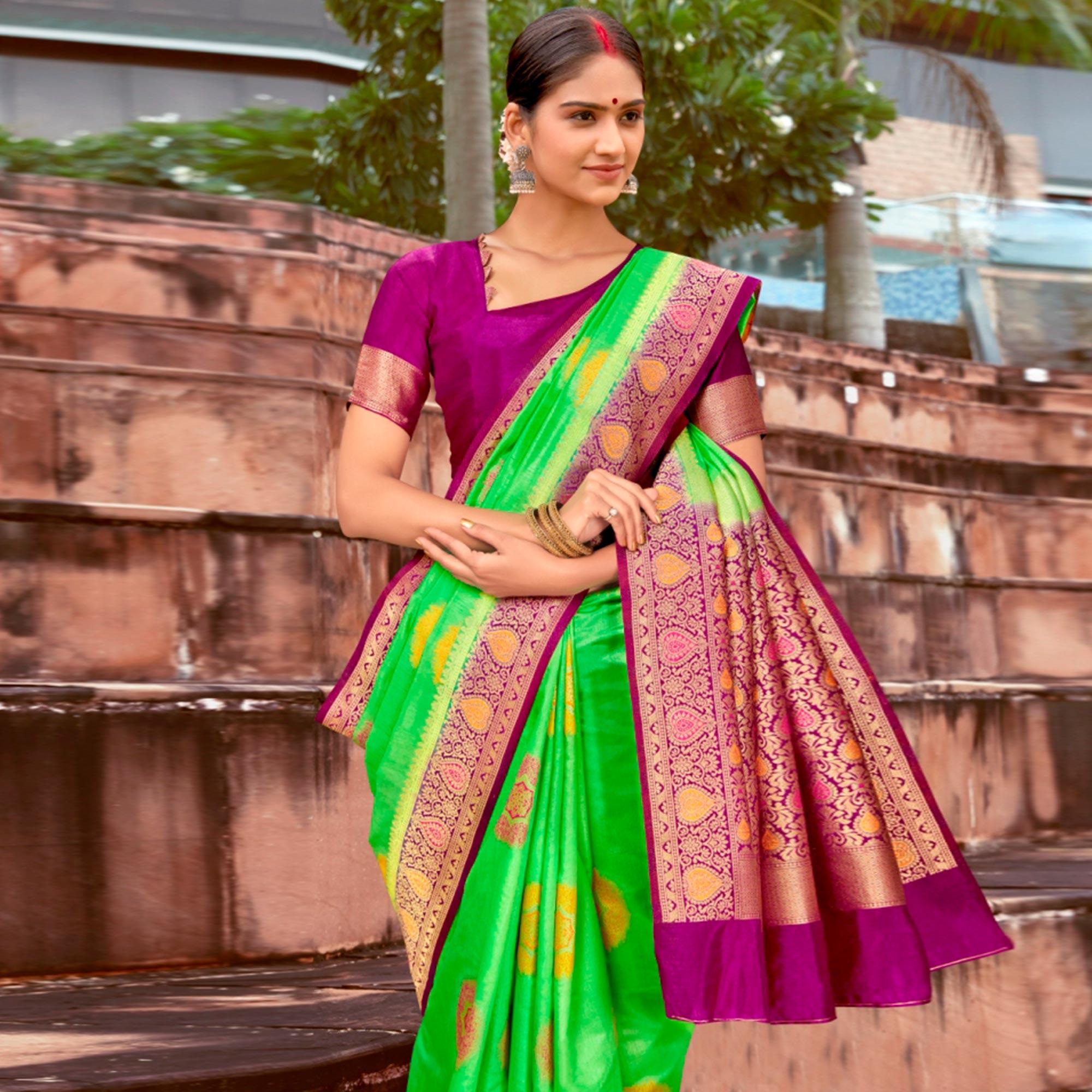Exotic Green Colored Festive Wear Woven Silk Saree - Peachmode