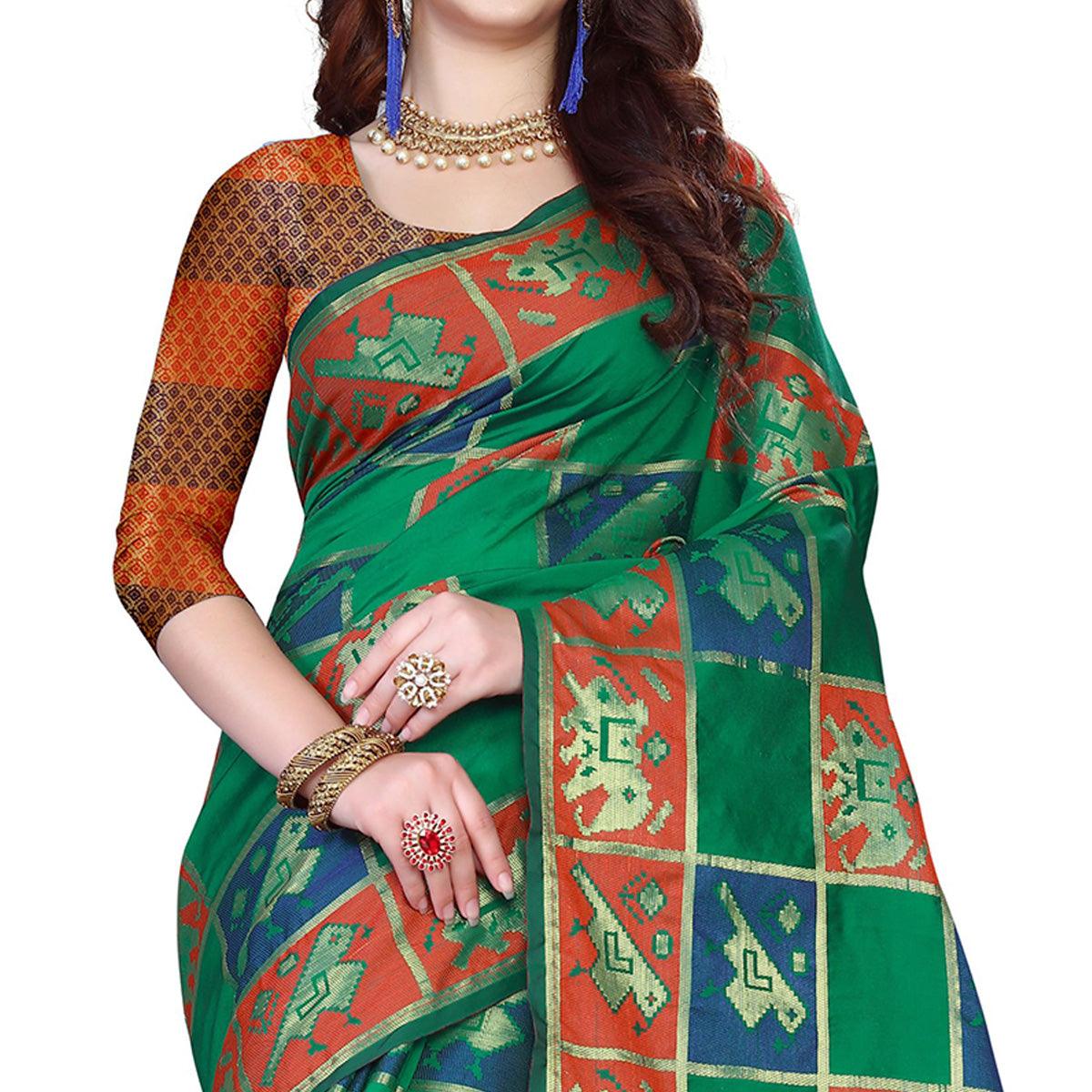 Exotic Green Colored Festive Wear Woven Silk Saree - Peachmode