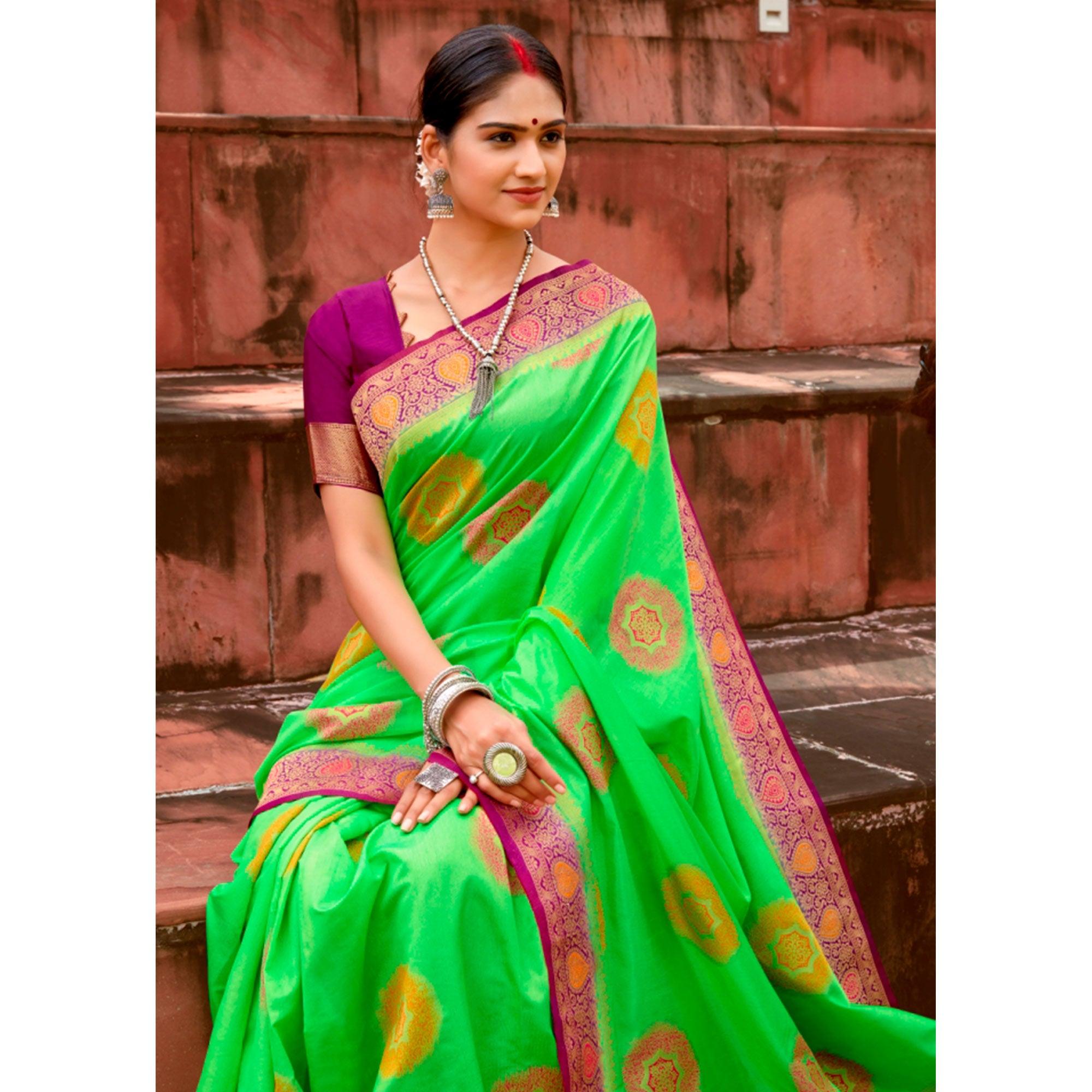 Exotic Green Colored Festive Wear Woven Silk Saree - Peachmode