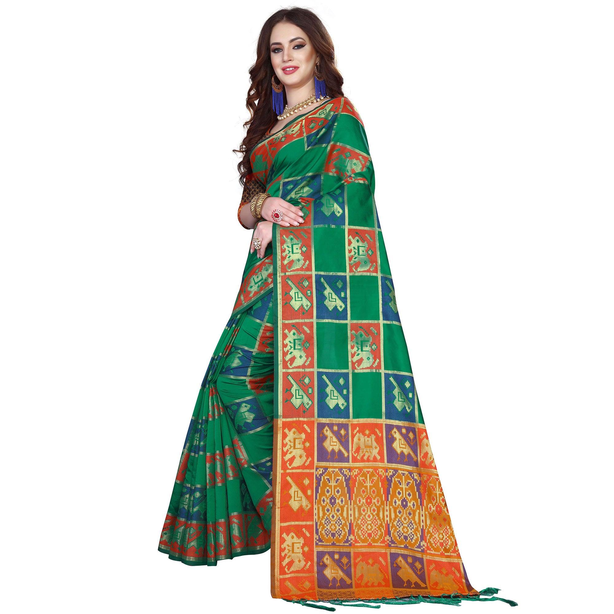 Exotic Green Colored Festive Wear Woven Silk Saree - Peachmode