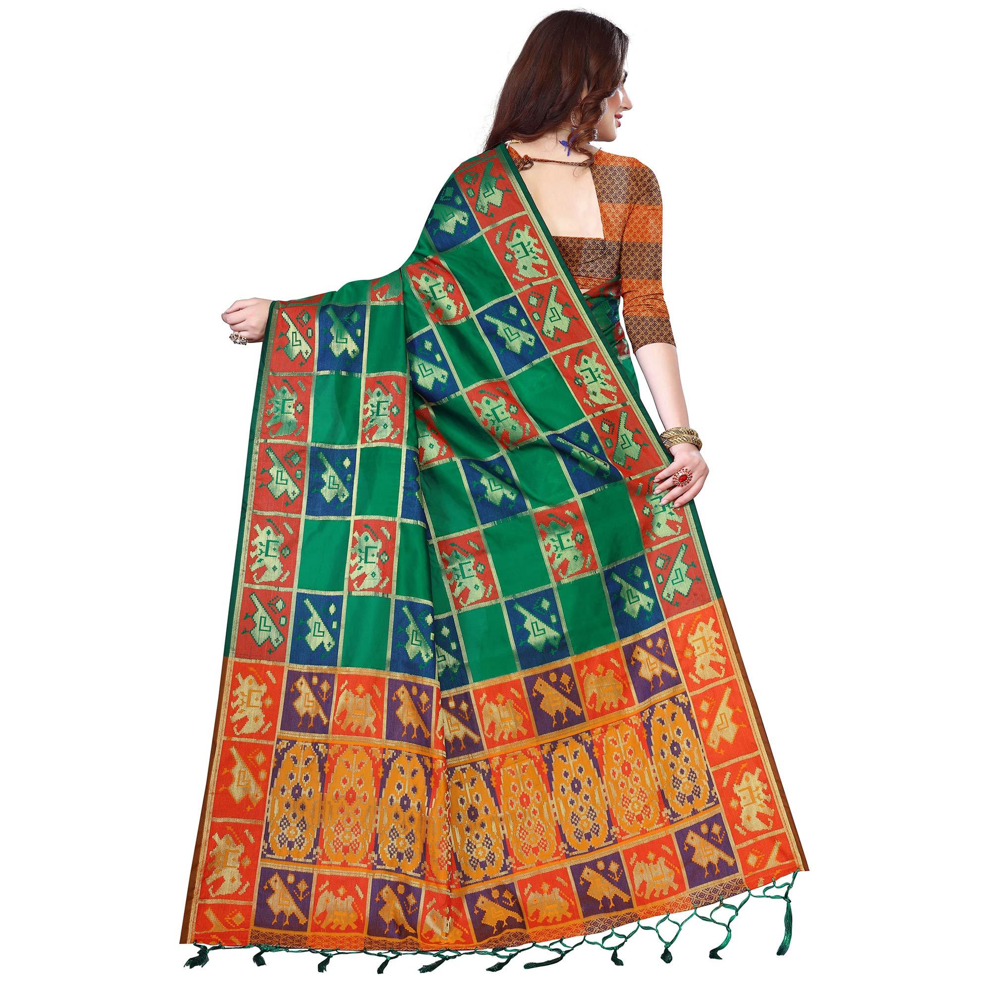 Exotic Green Colored Festive Wear Woven Silk Saree - Peachmode