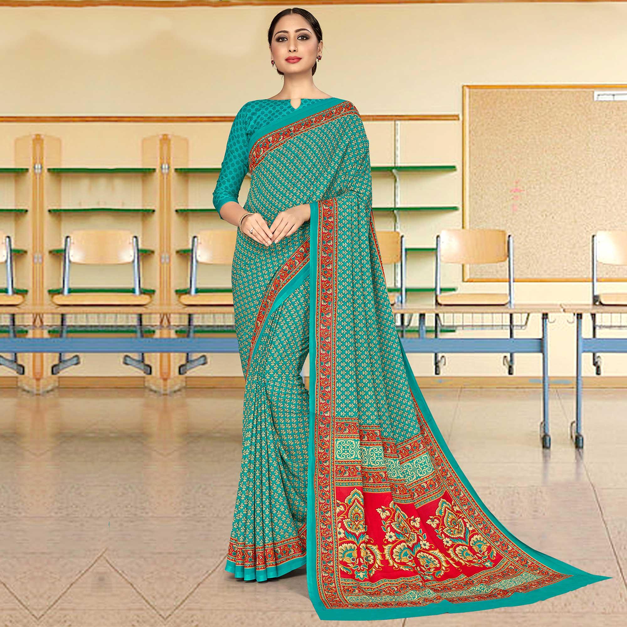 Exotic Green Coloured Casual Wear Printed Crepe Saree - Peachmode