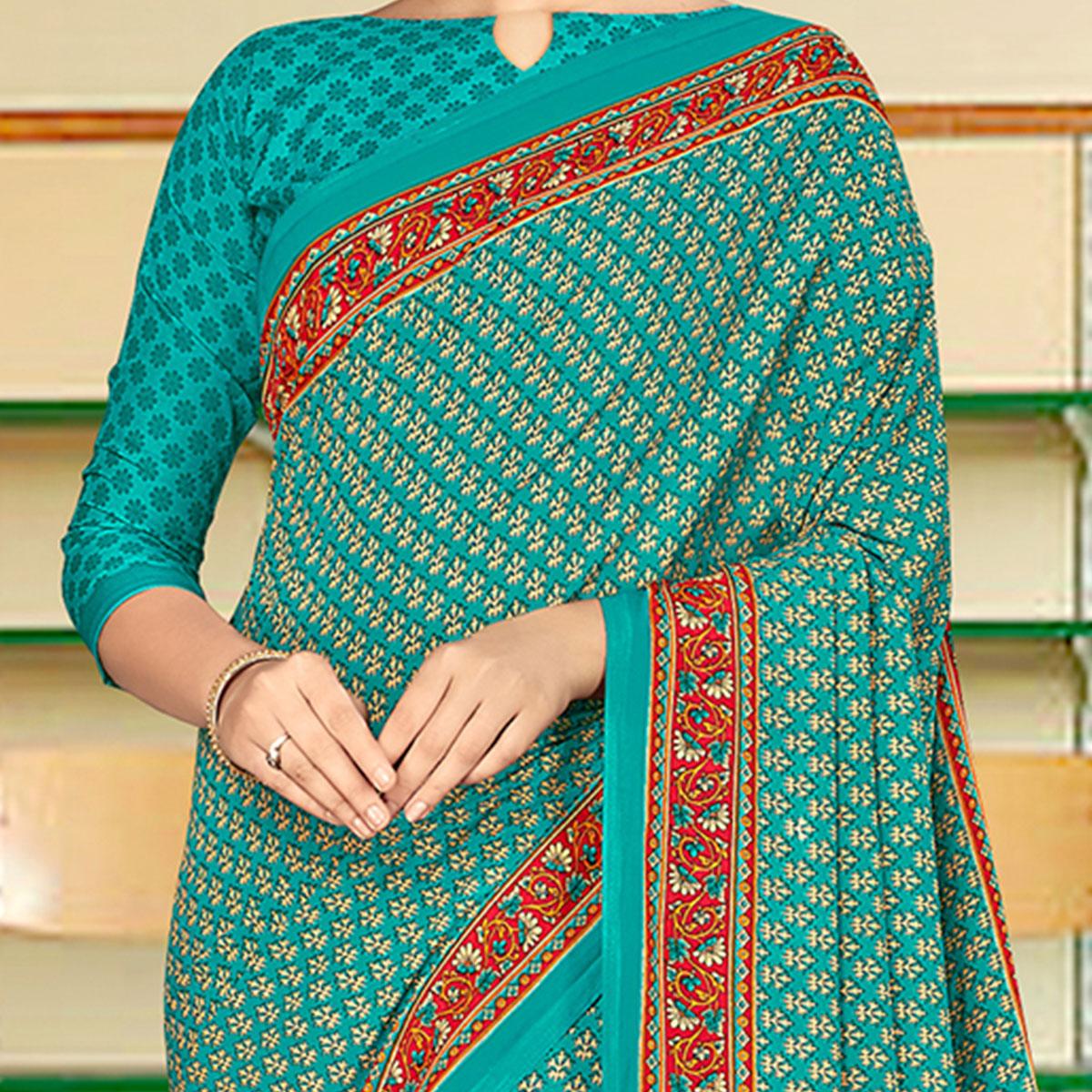 Exotic Green Coloured Casual Wear Printed Crepe Saree - Peachmode