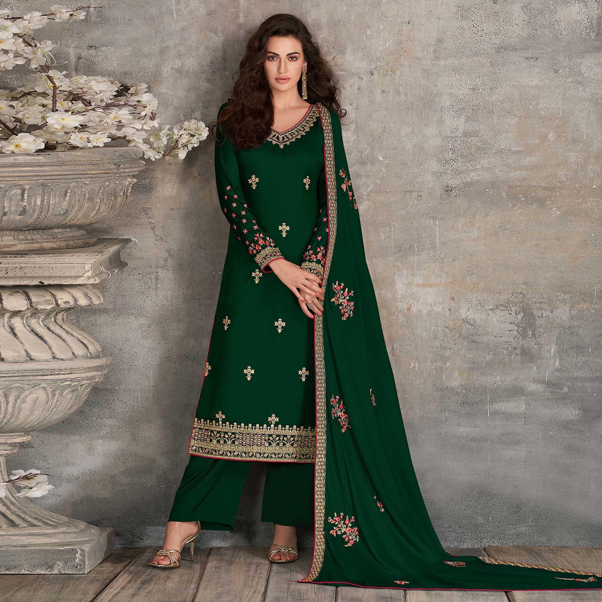 Exotic Green Coloured Partywear Designer Heavy Rangoli Georgette Palazzo Suit - Peachmode