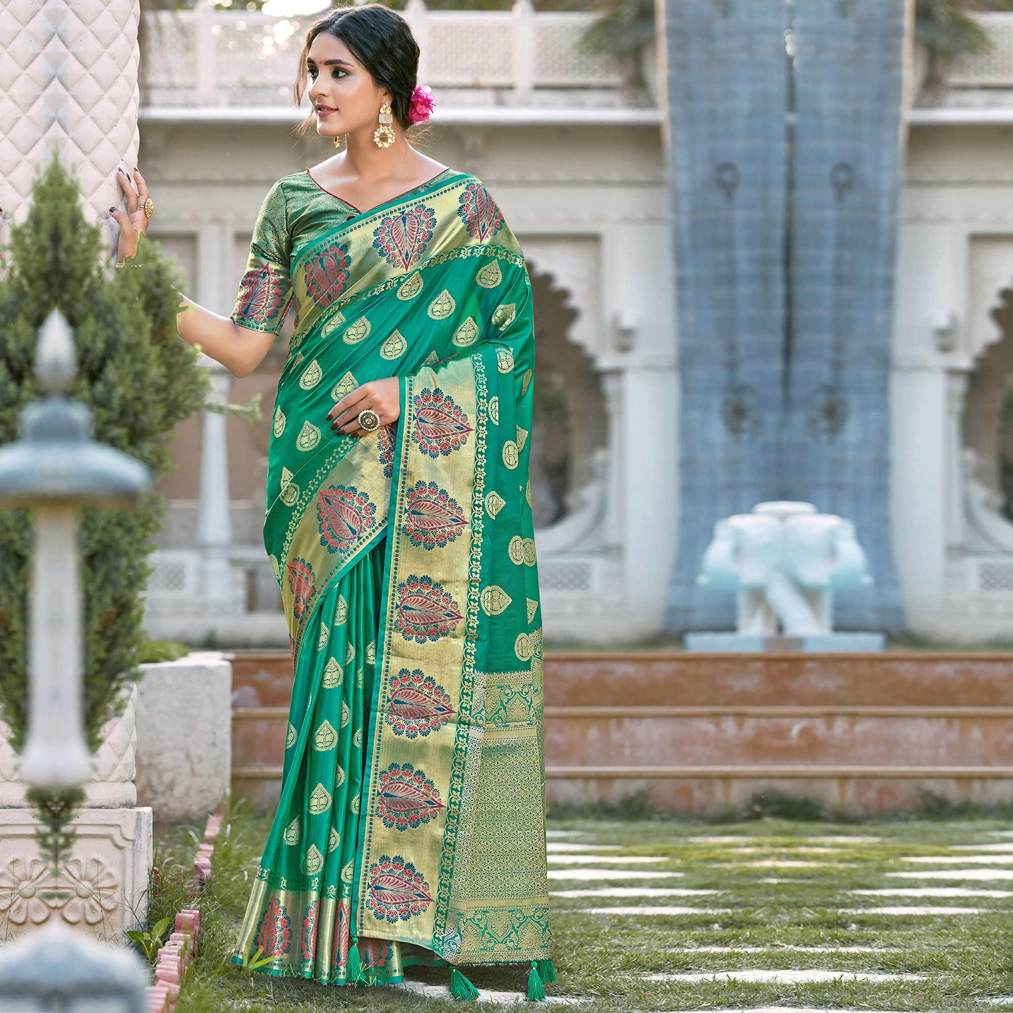 Exotic Green Coloured Partywear Woven Silk Saree - Peachmode
