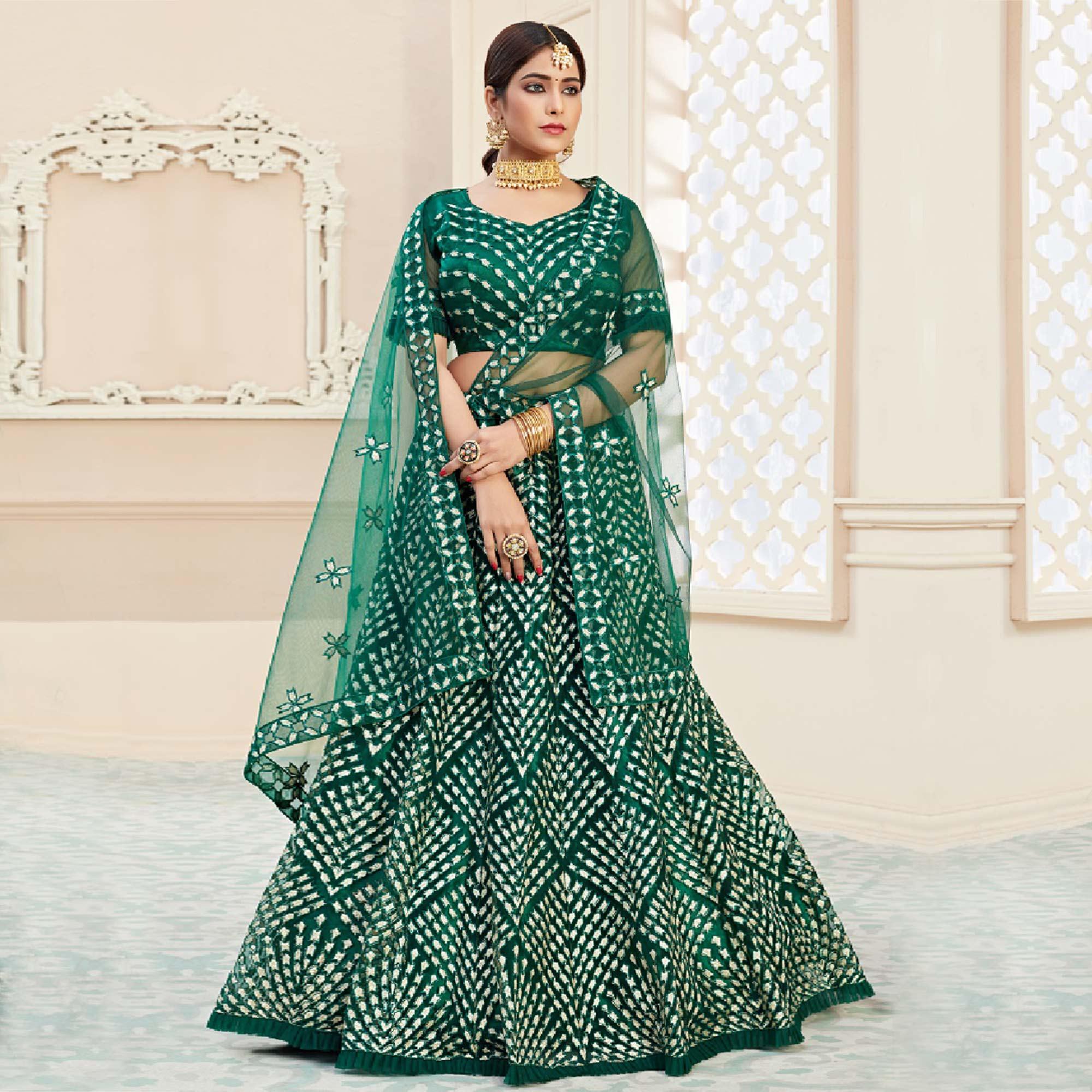 Exotic Green Coloured Thread Embroidery Heavy Net Lehenga Choli - Peachmode
