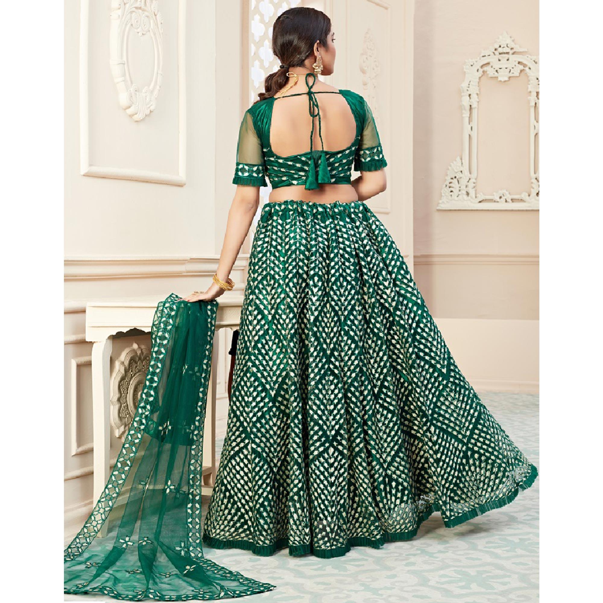 Exotic Green Coloured Thread Embroidery Heavy Net Lehenga Choli - Peachmode
