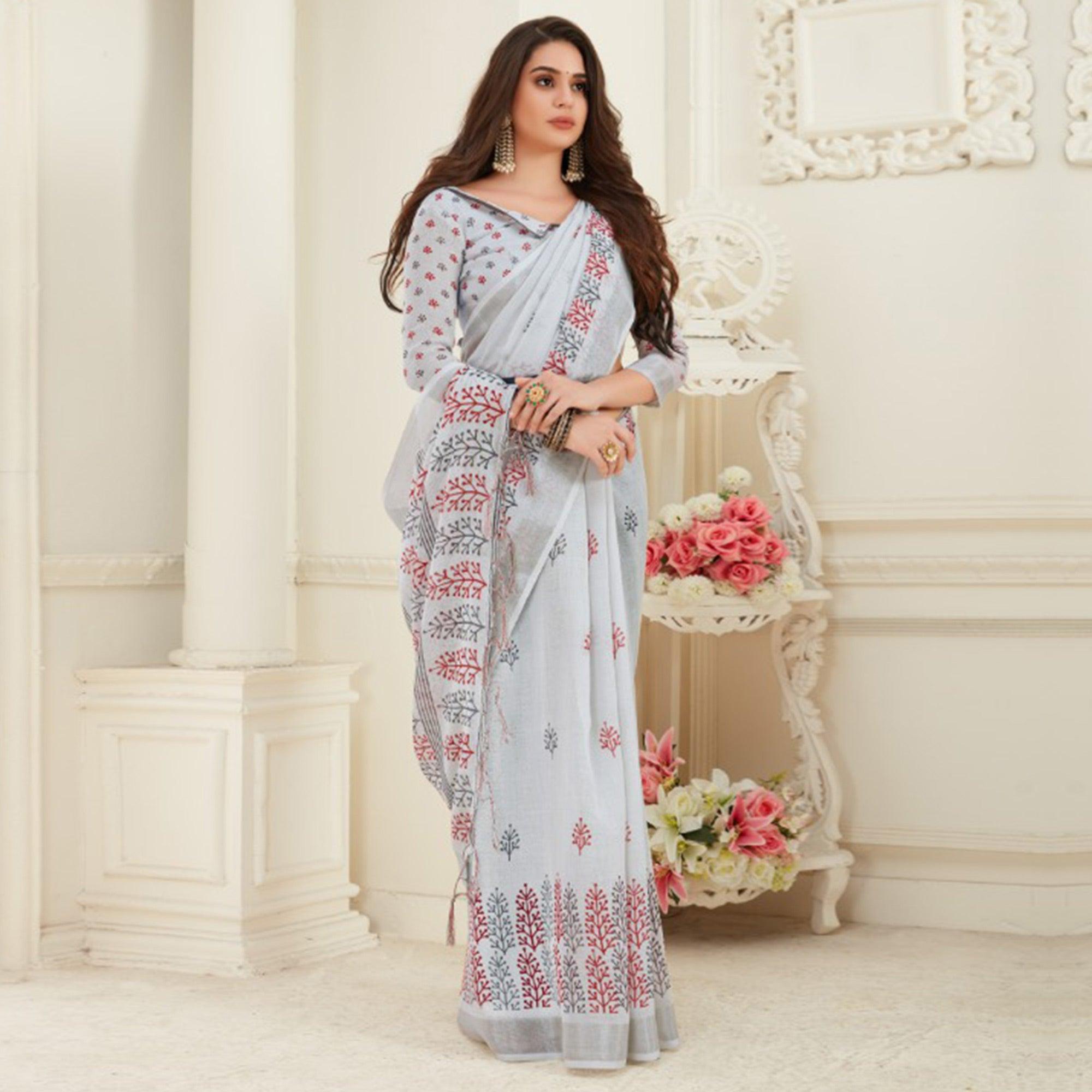 Exotic Grey Colored Casual Printed Linen Saree With Tassels - Peachmode