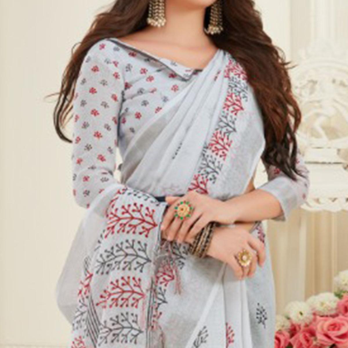 Exotic Grey Colored Casual Printed Linen Saree With Tassels - Peachmode