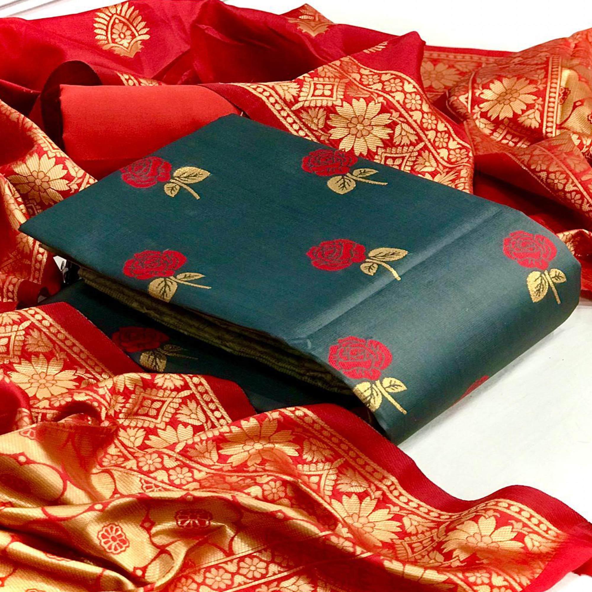 Exotic Grey Colored Casual Woven Banarasi Silk Dress Material - Peachmode
