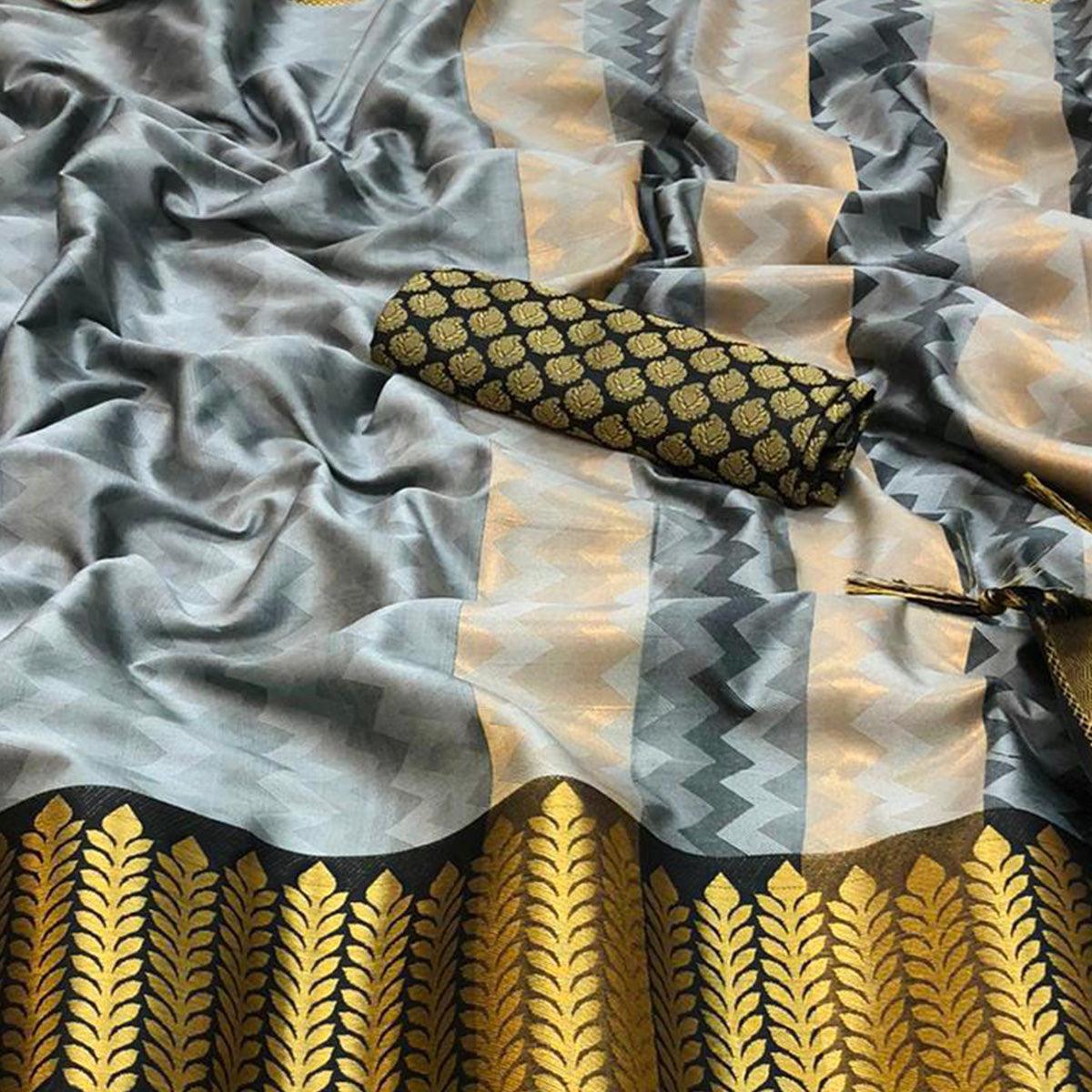 Exotic Grey Colored Festive Wear Woven Cotton Silk Saree - Peachmode