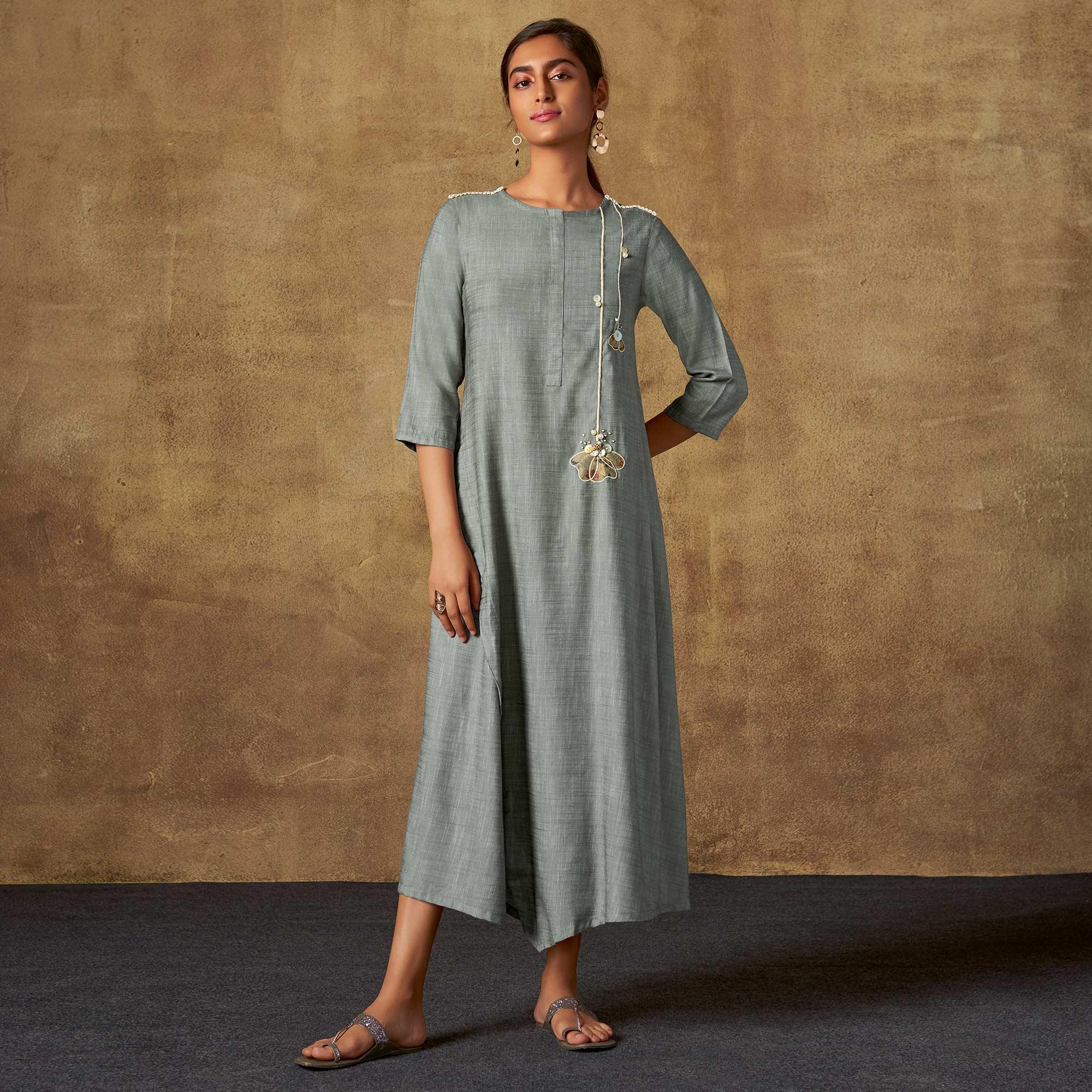 Exotic Grey Colored Party Wear Embroidered Viscose Long Kurti - Peachmode